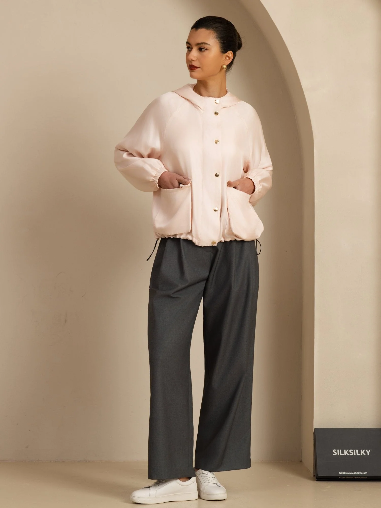 Pure Silk Women's Hooded Jacket With Large Flap Pockets - Image 29