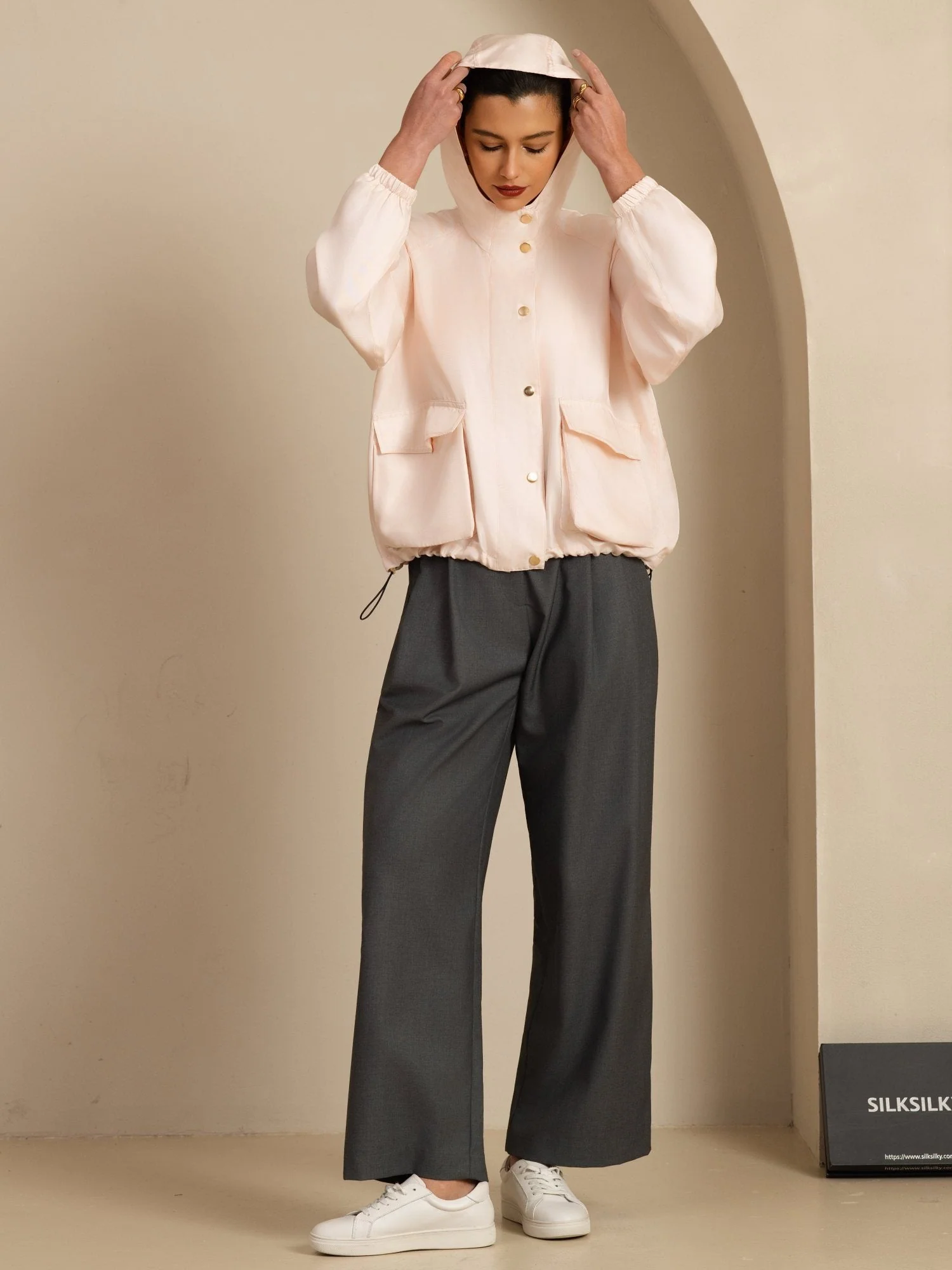 Pure Silk Women's Hooded Jacket With Large Flap Pockets - Image 30