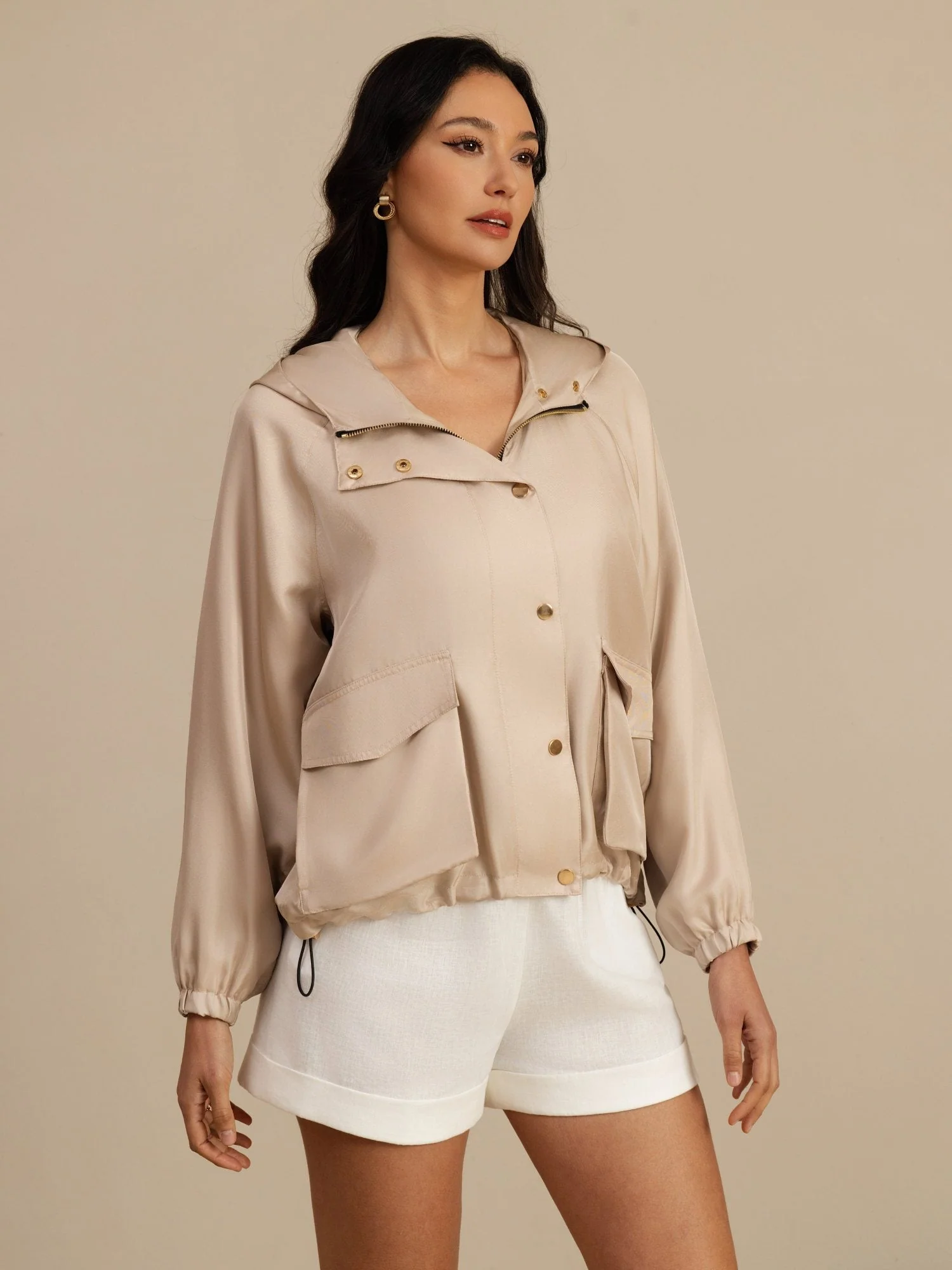 Pure Silk Women's Hooded Jacket With Large Flap Pockets - Image 4