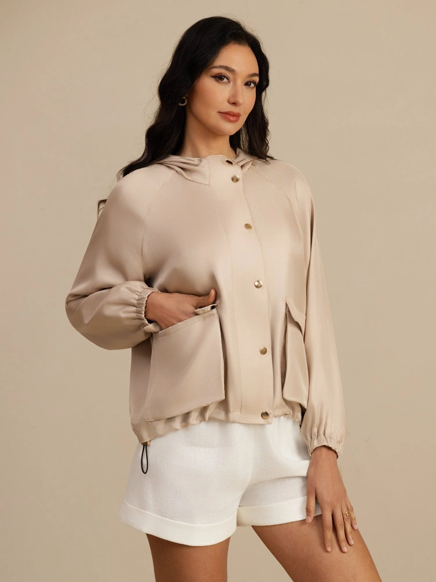 Pure Silk Women's Hooded Jacket With Large Flap Pockets - Image 5