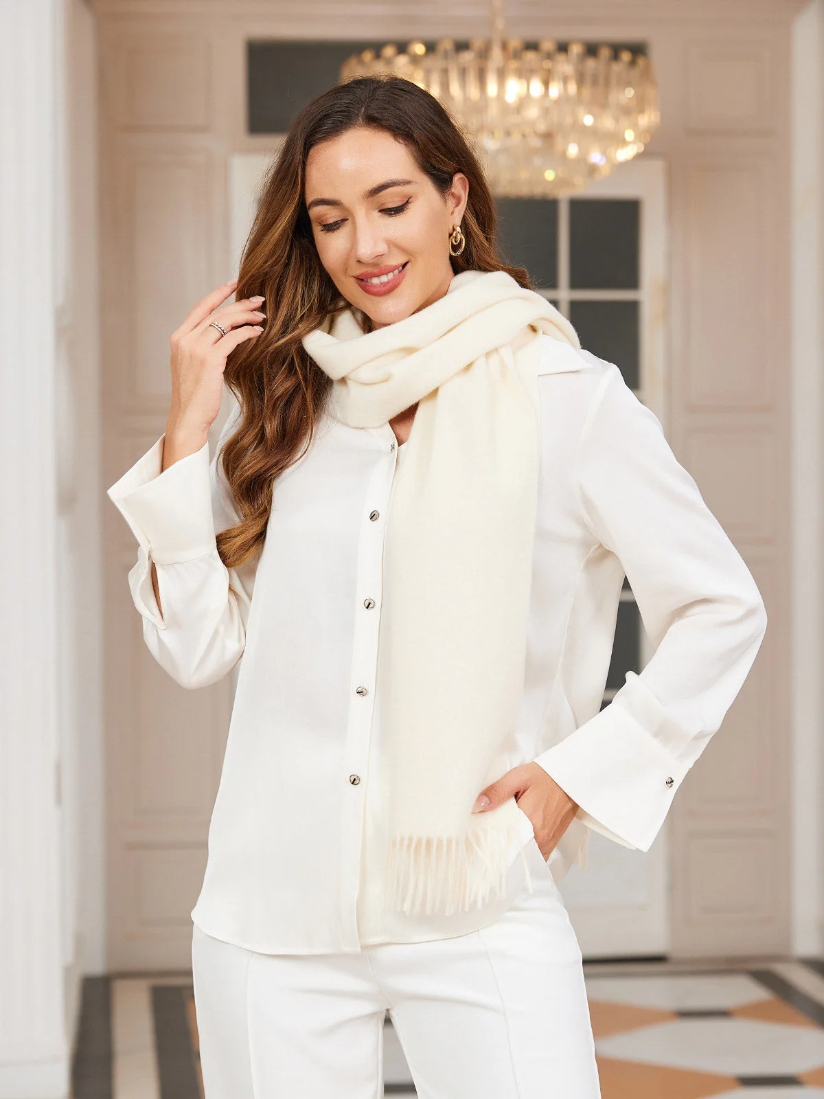 Pure Wool Scarf w/ Fringed Decoration 180x35cm/70.9 - Image 5