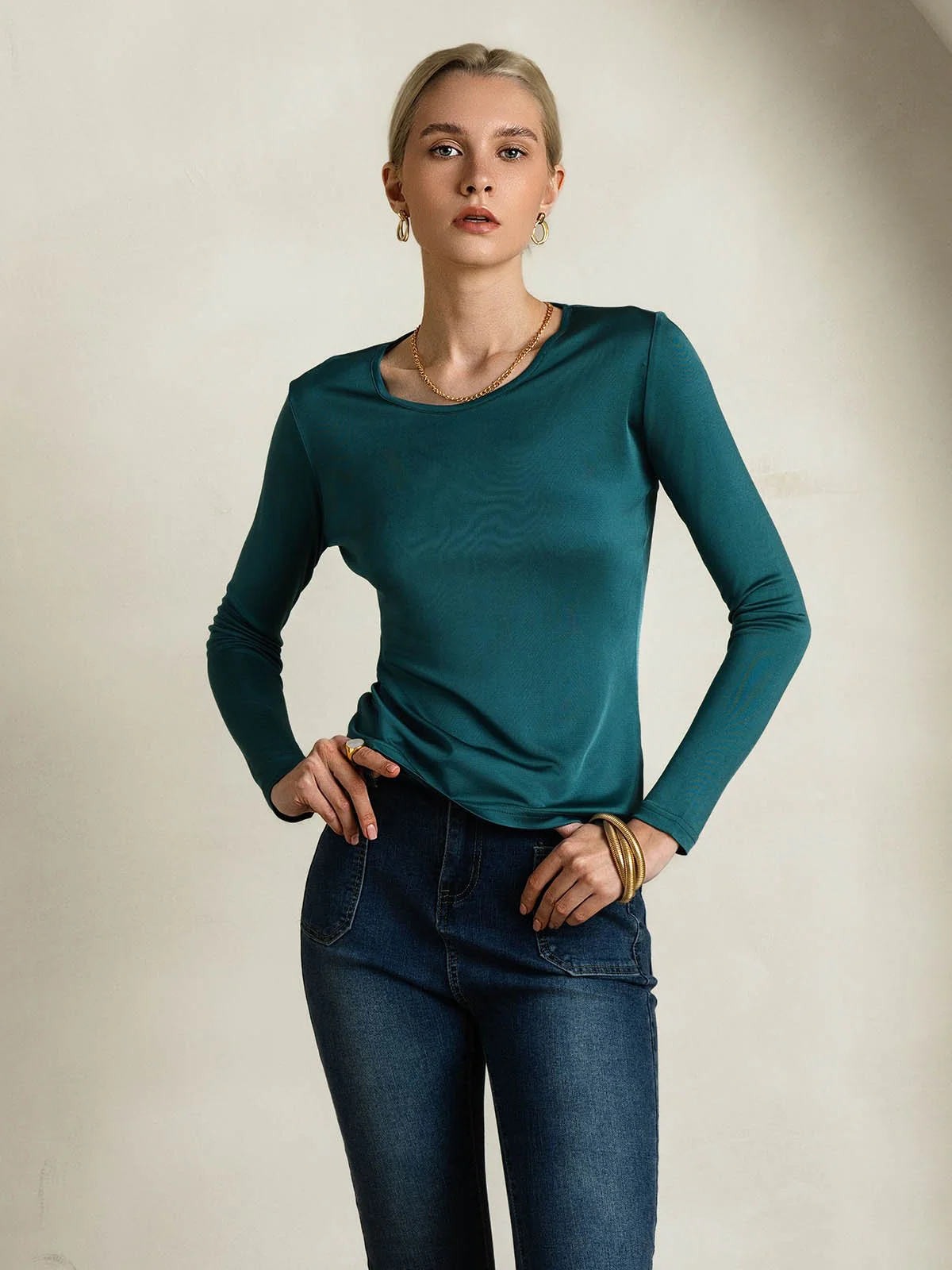 Women's Silk Long Sleeve Round Neck Top - Image 30