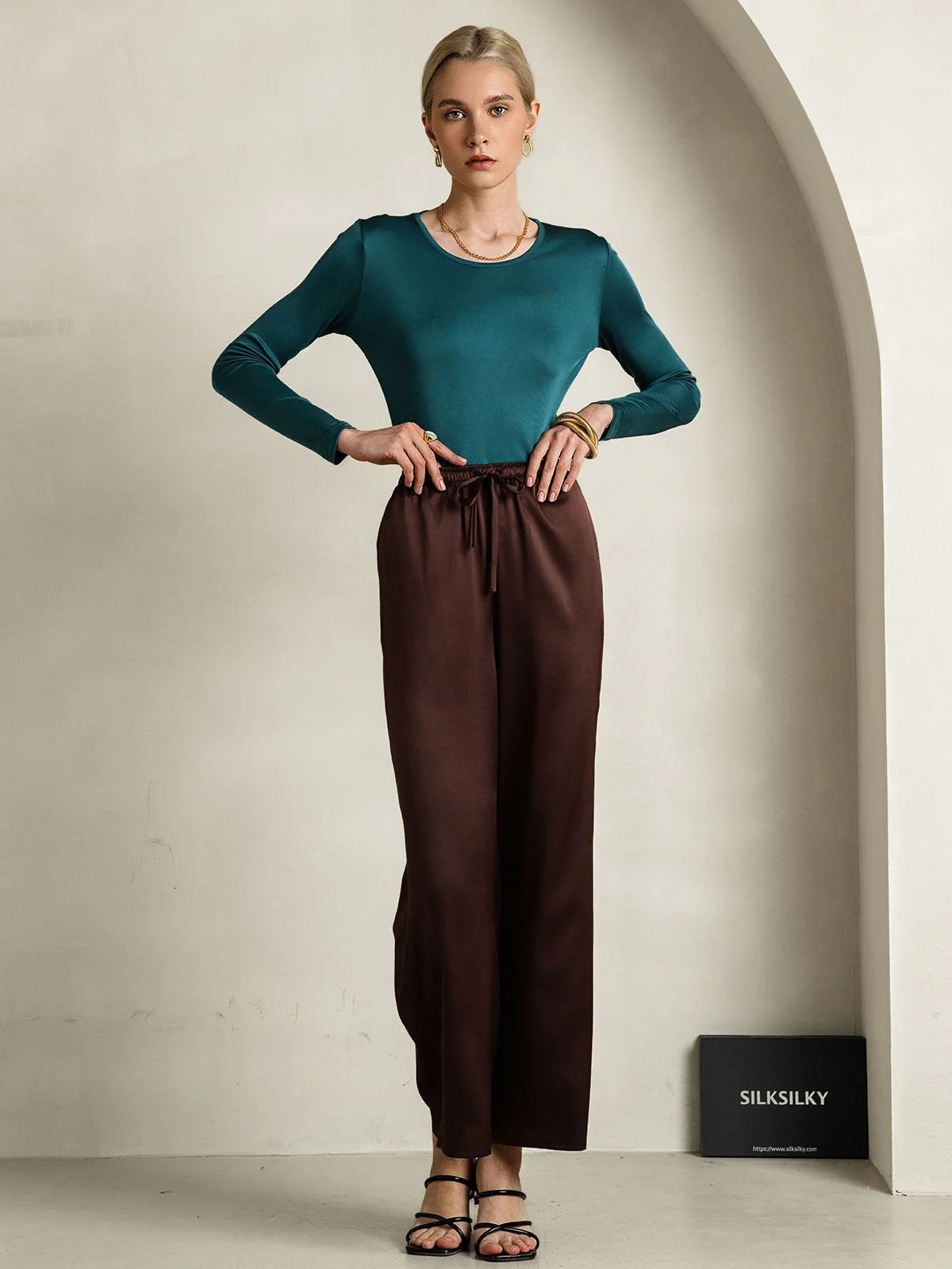 Women's Silk Long Sleeve Round Neck Top - Image 34