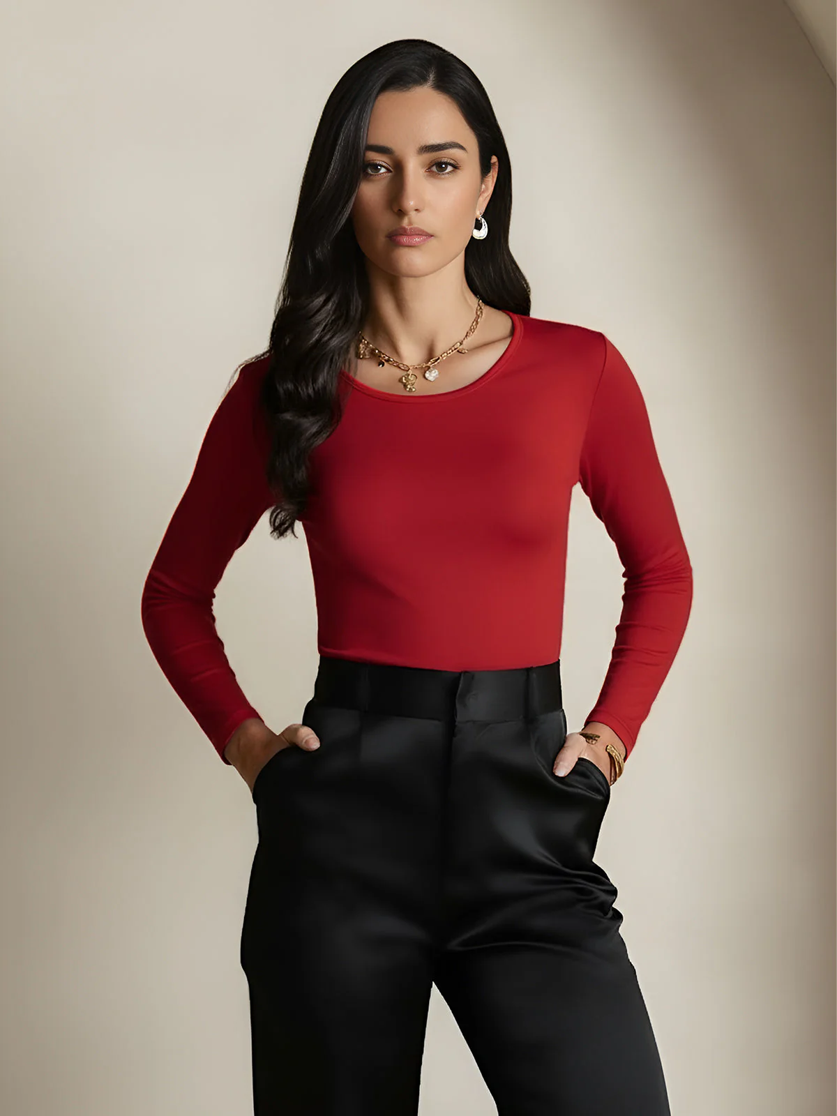 Women's Silk Long Sleeve Round Neck Top - Image 40