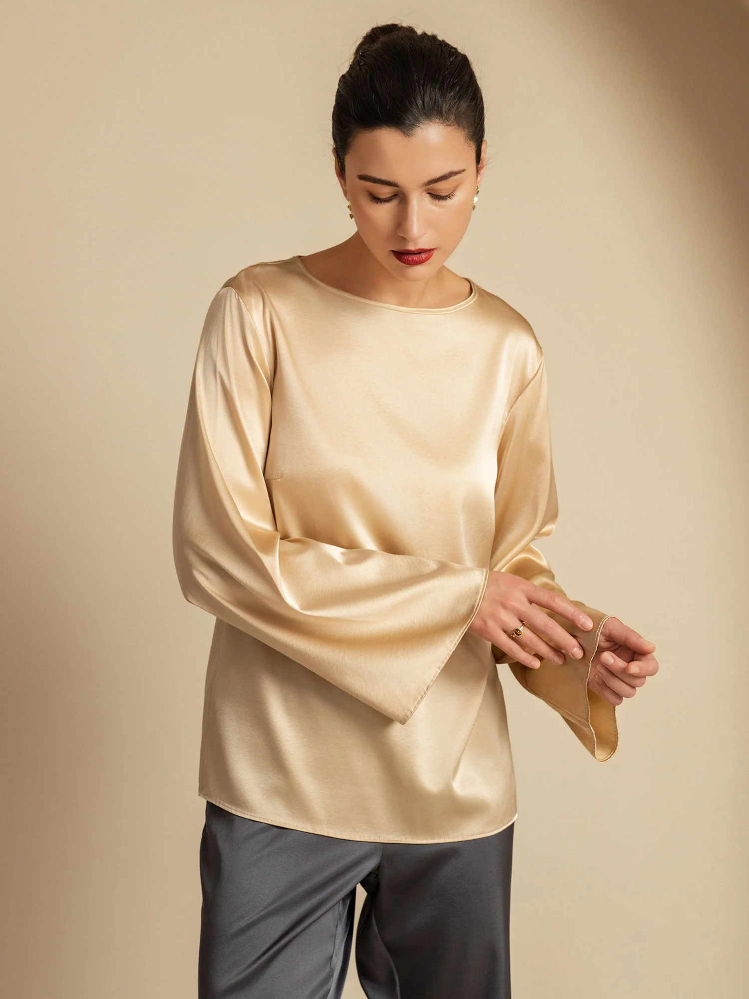 19Momme Silk Bell Sleeve Boat Neck Women's Top - Image 11