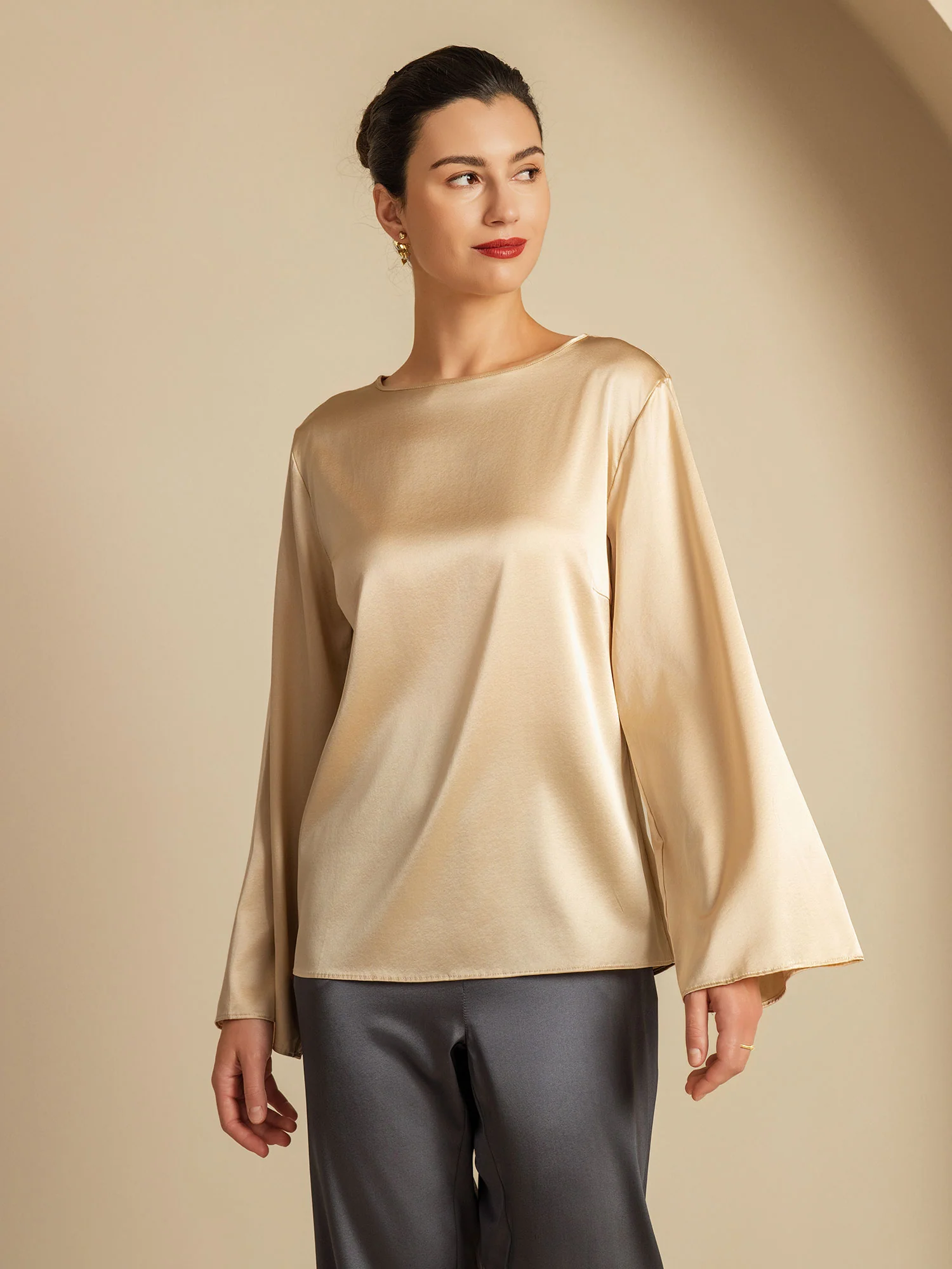 19Momme Silk Bell Sleeve Boat Neck Women's Top - Image 12