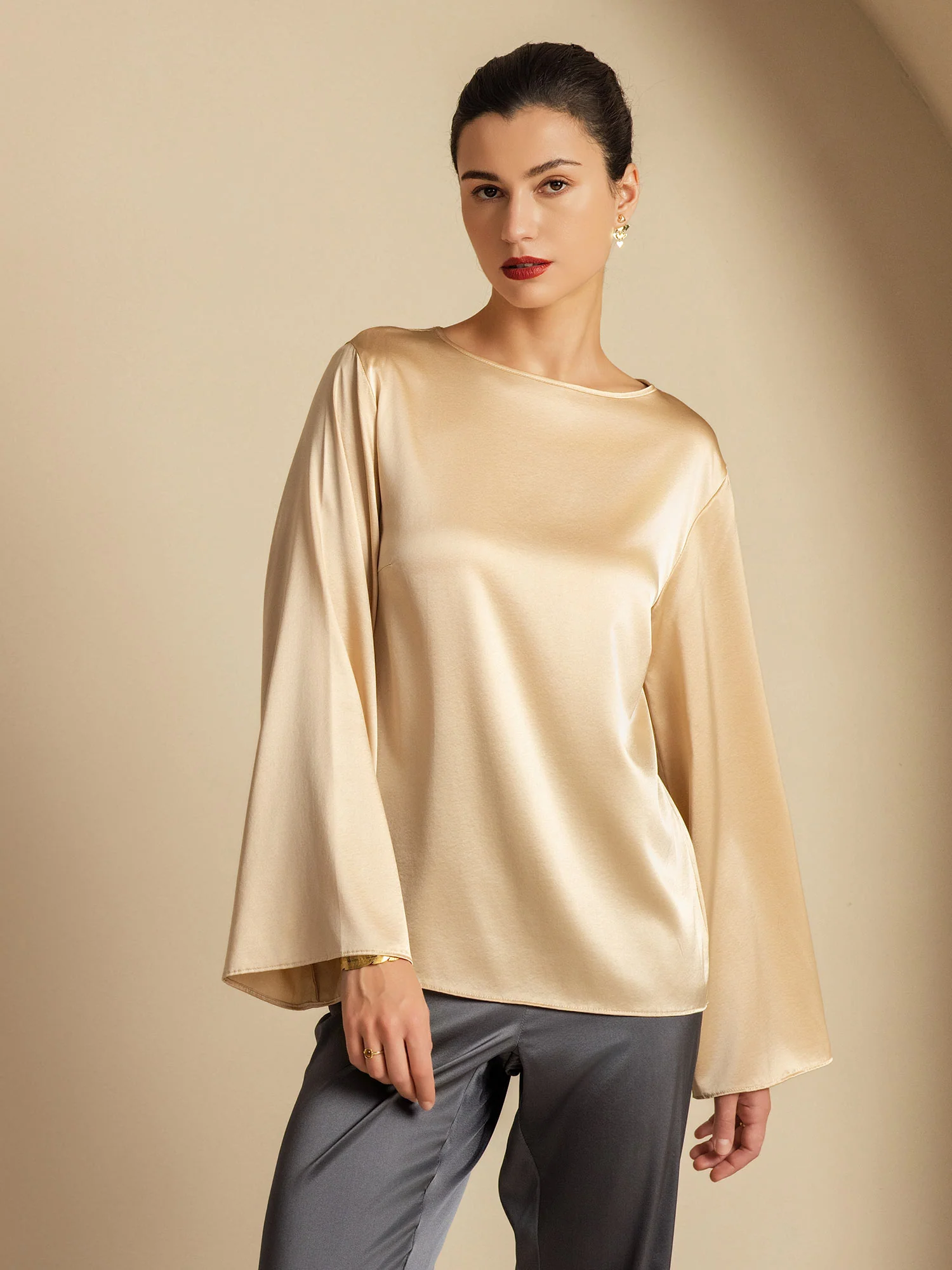 19Momme Silk Bell Sleeve Boat Neck Women's Top - Image 13