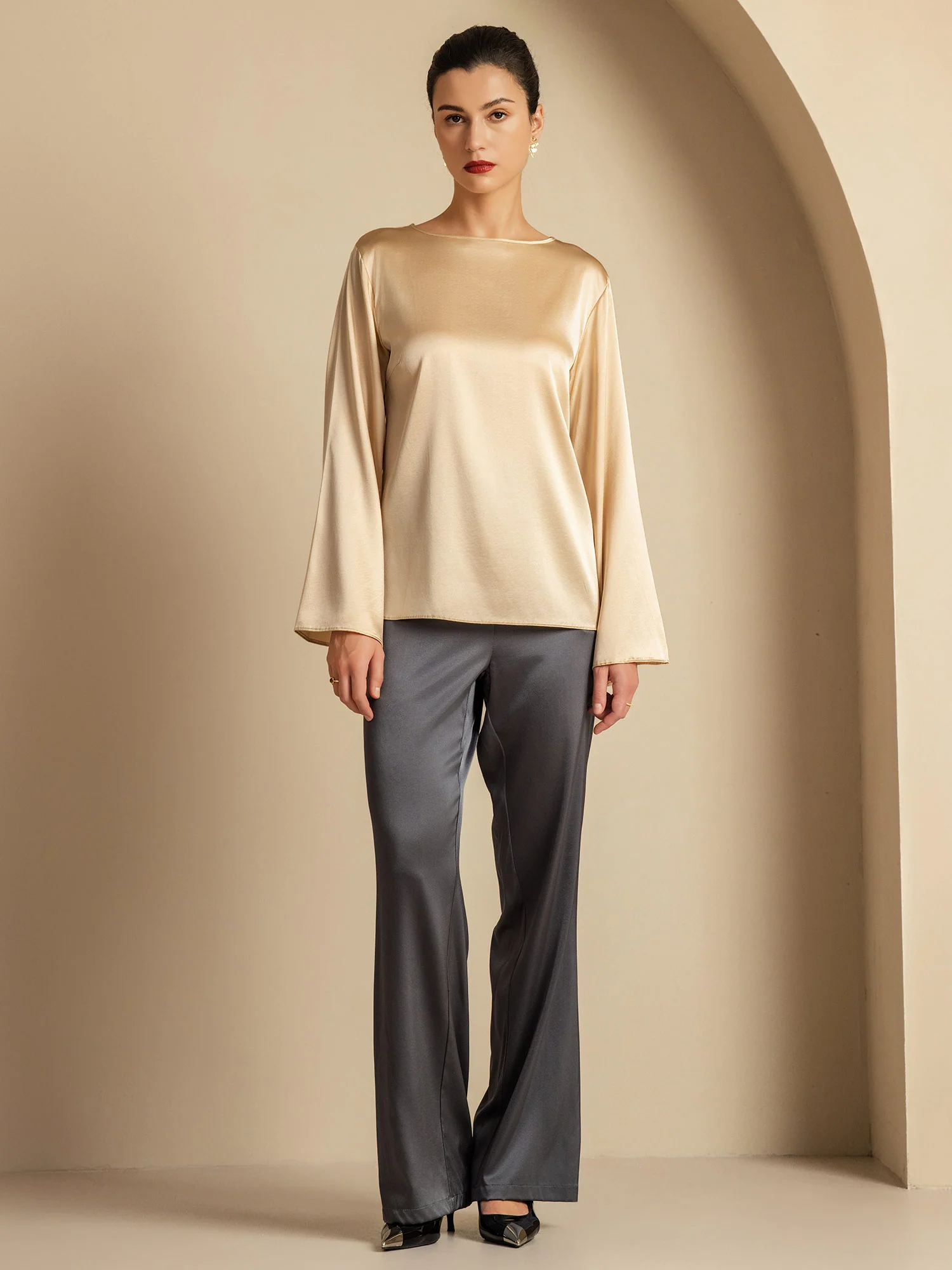 19Momme Silk Bell Sleeve Boat Neck Women's Top - Image 15