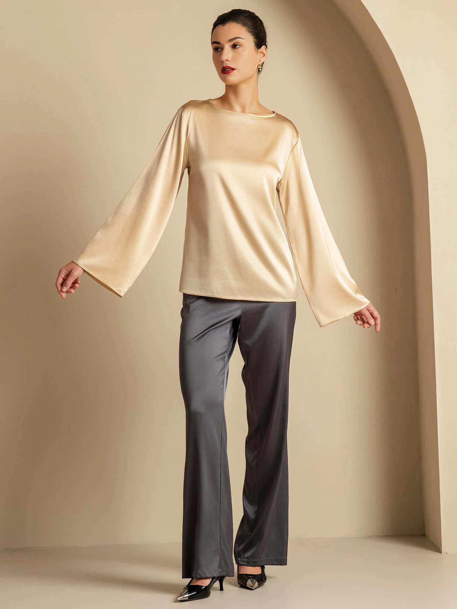 19Momme Silk Bell Sleeve Boat Neck Women's Top - Image 16