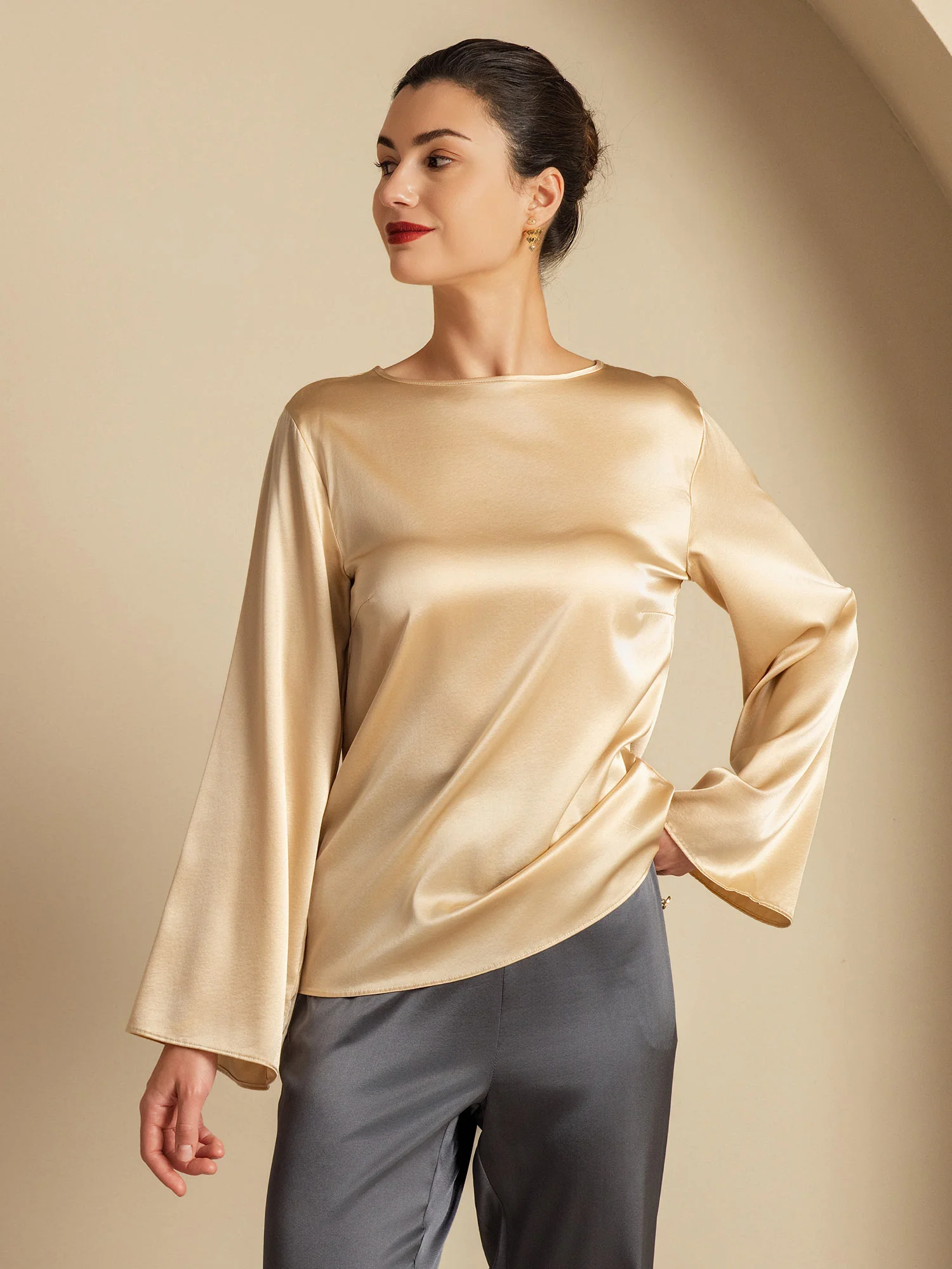 19Momme Silk Bell Sleeve Boat Neck Women's Top - Image 17