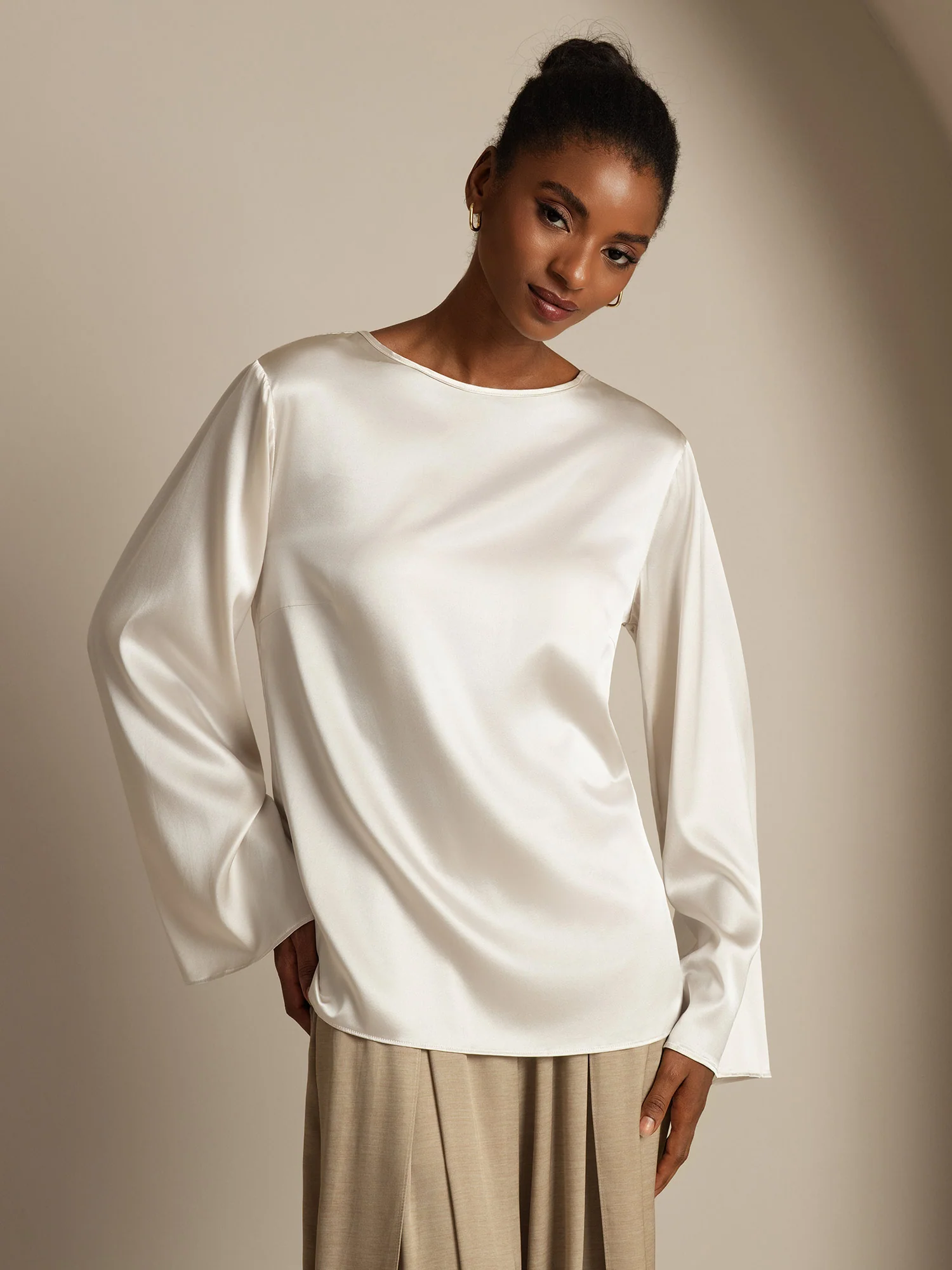 19Momme Silk Bell Sleeve Boat Neck Women's Top - Image 18
