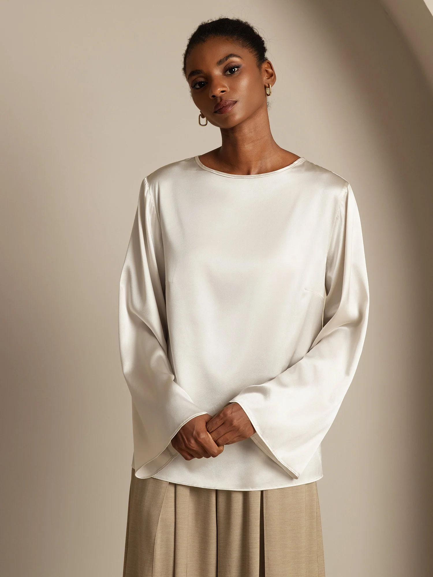 19Momme Silk Bell Sleeve Boat Neck Women's Top - Image 20