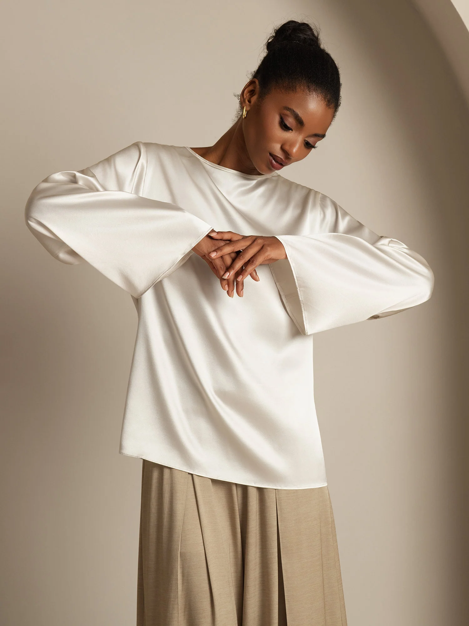 19Momme Silk Bell Sleeve Boat Neck Women's Top - Image 21
