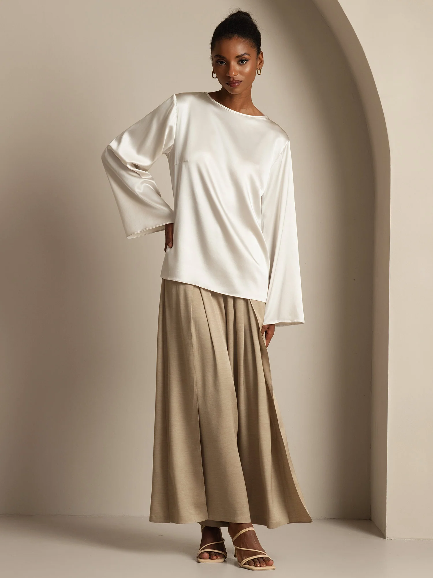 19Momme Silk Bell Sleeve Boat Neck Women's Top - Image 23