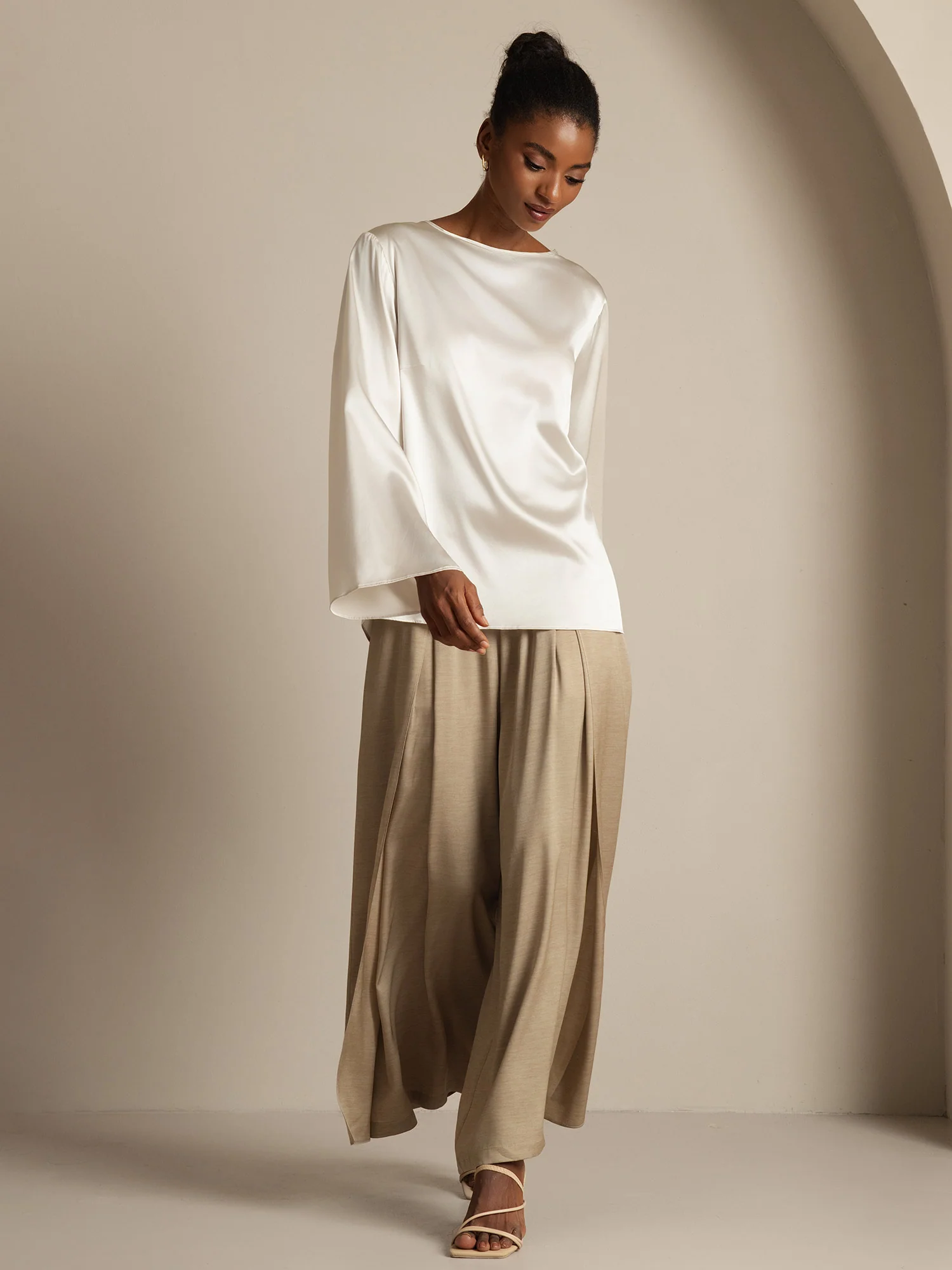 19Momme Silk Bell Sleeve Boat Neck Women's Top - Image 25