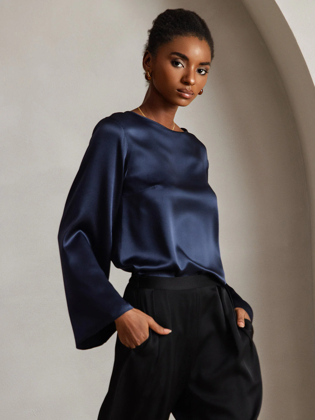 19Momme Silk Bell Sleeve Boat Neck Women's Top - Image 26