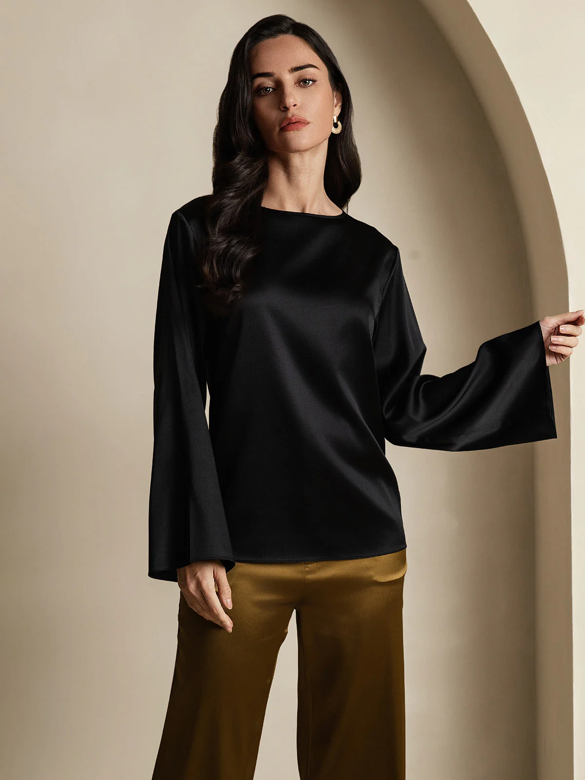 19Momme Silk Bell Sleeve Boat Neck Women's Top - Image 33
