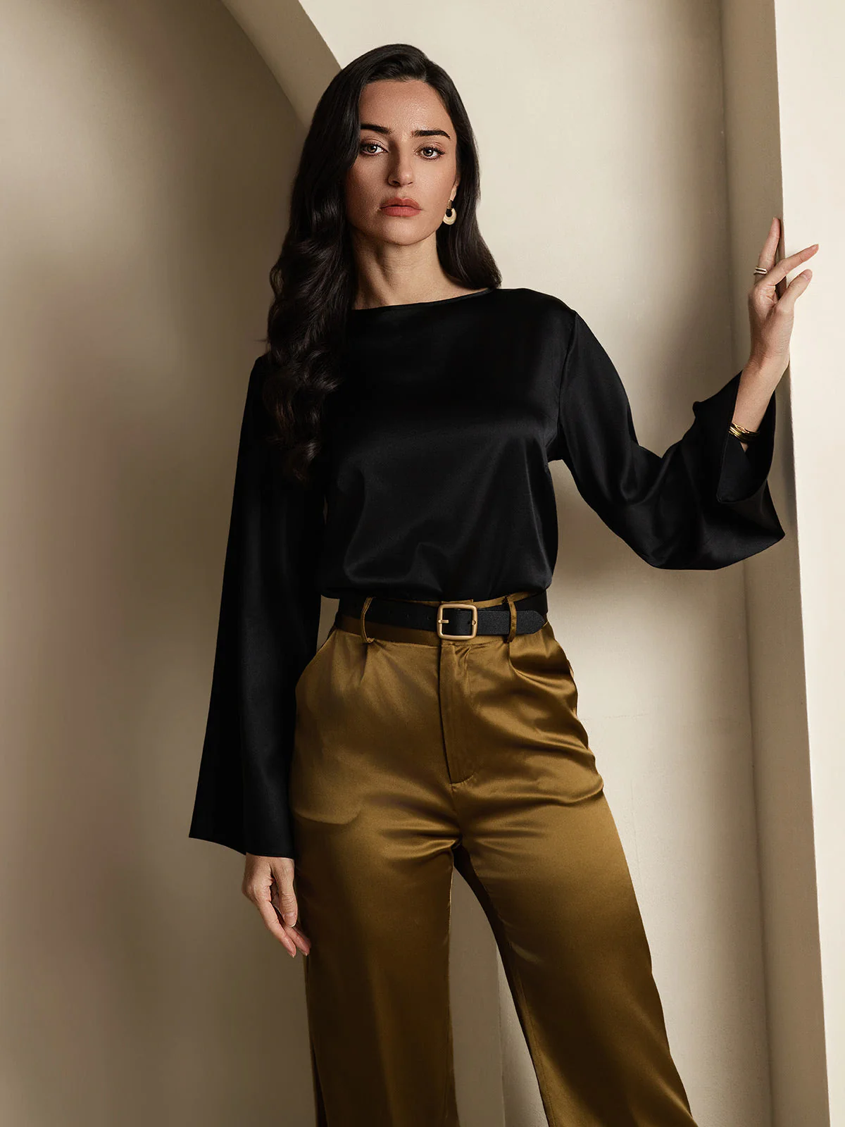 19Momme Silk Bell Sleeve Boat Neck Women's Top - Image 36
