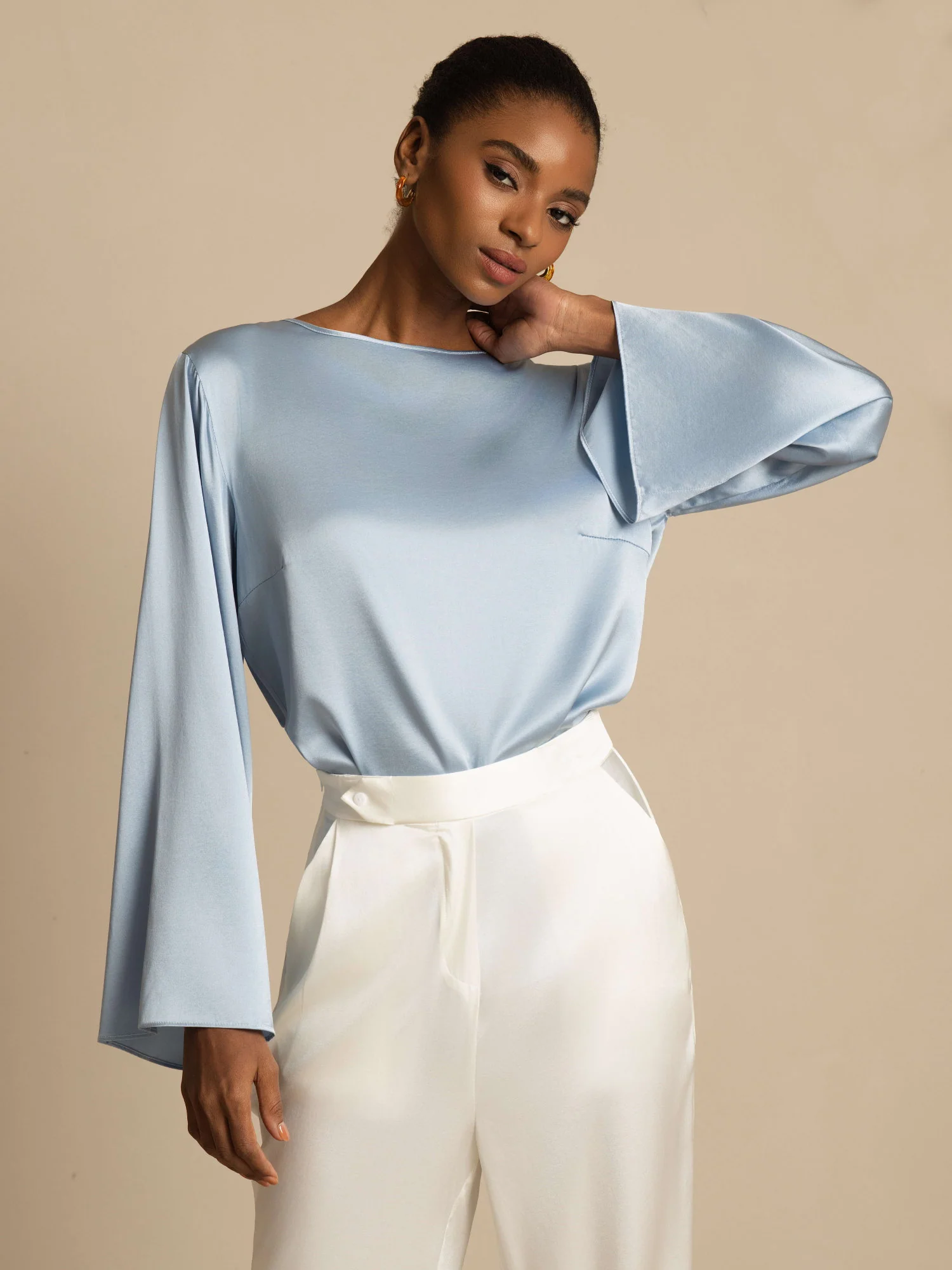 19Momme Silk Bell Sleeve Boat Neck Women's Top - Image 41