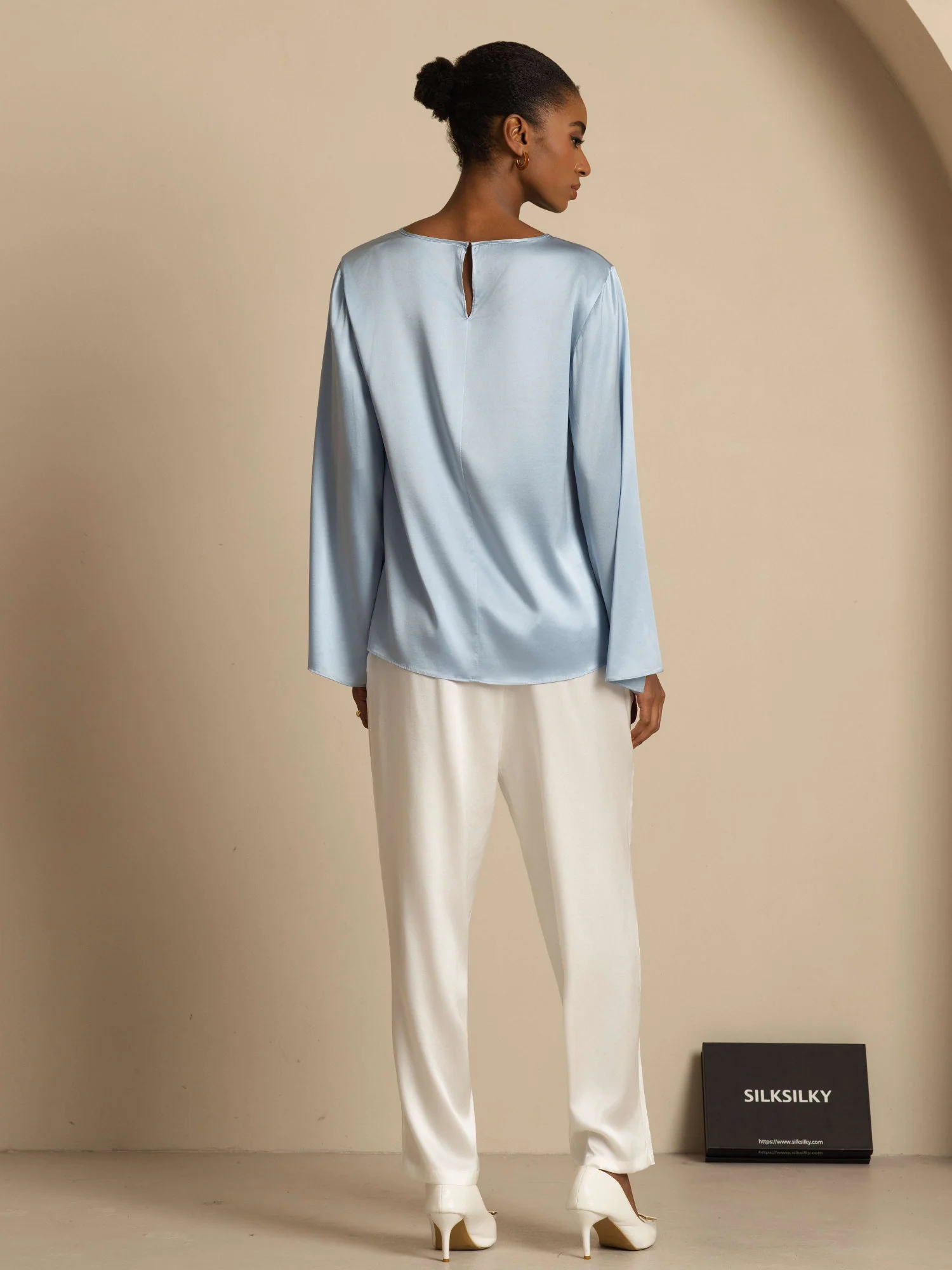 19Momme Silk Bell Sleeve Boat Neck Women's Top - Image 42