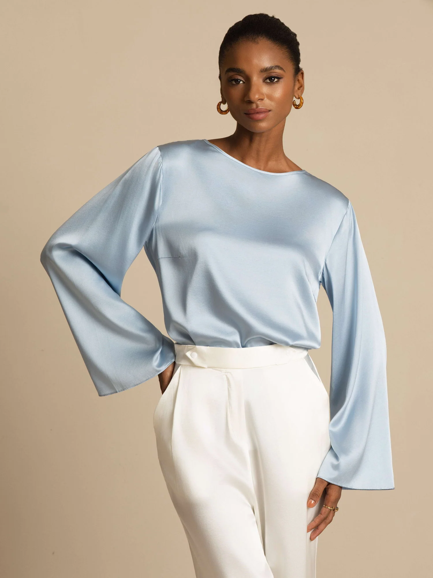 19Momme Silk Bell Sleeve Boat Neck Women's Top - Image 43