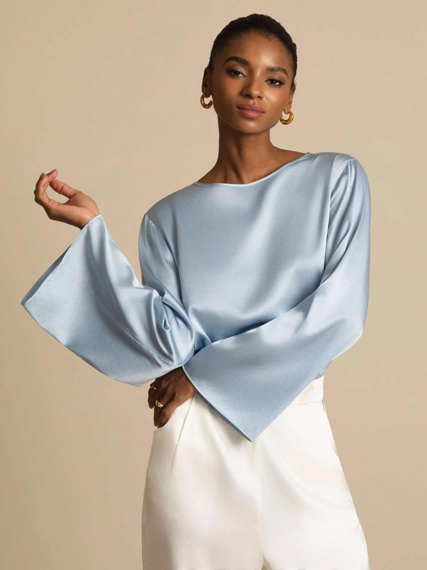19Momme Silk Bell Sleeve Boat Neck Women's Top - Image 44
