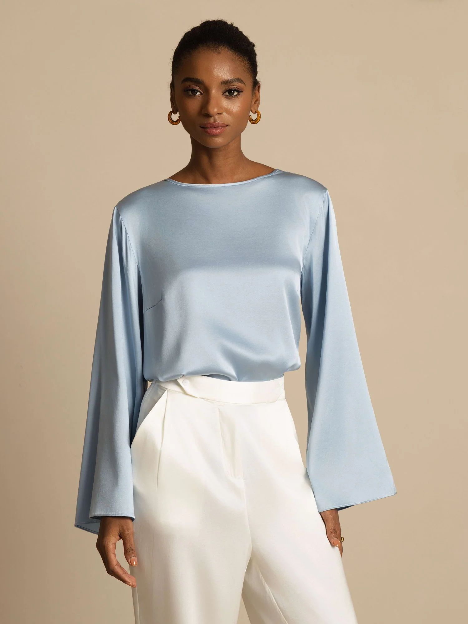 19Momme Silk Bell Sleeve Boat Neck Women's Top - Image 46