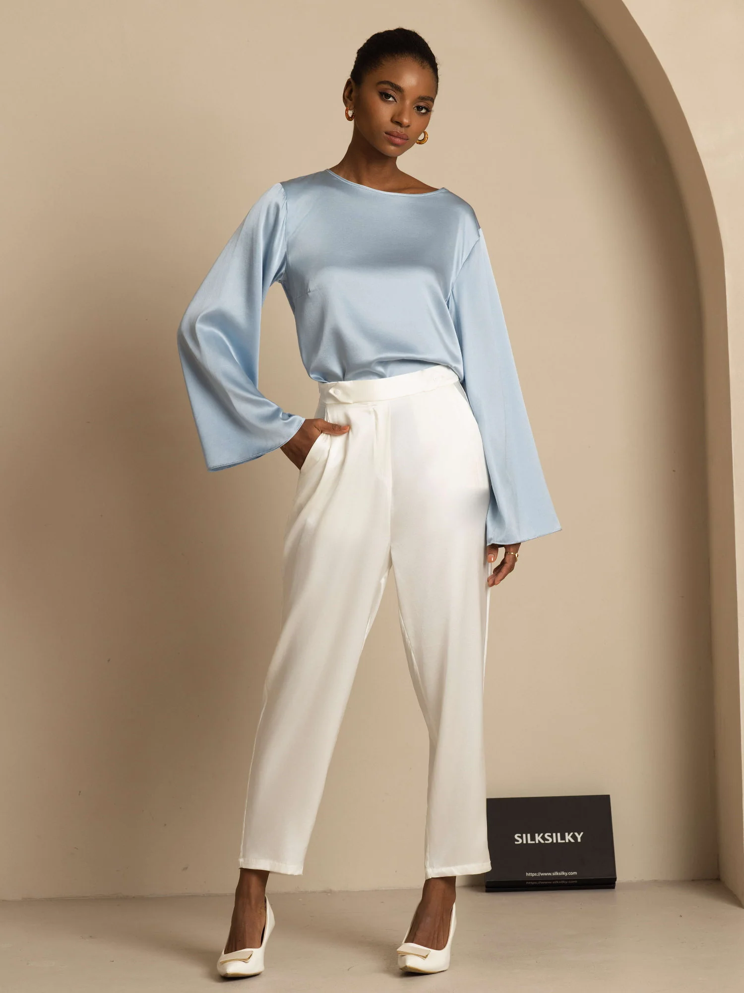 19Momme Silk Bell Sleeve Boat Neck Women's Top - Image 47