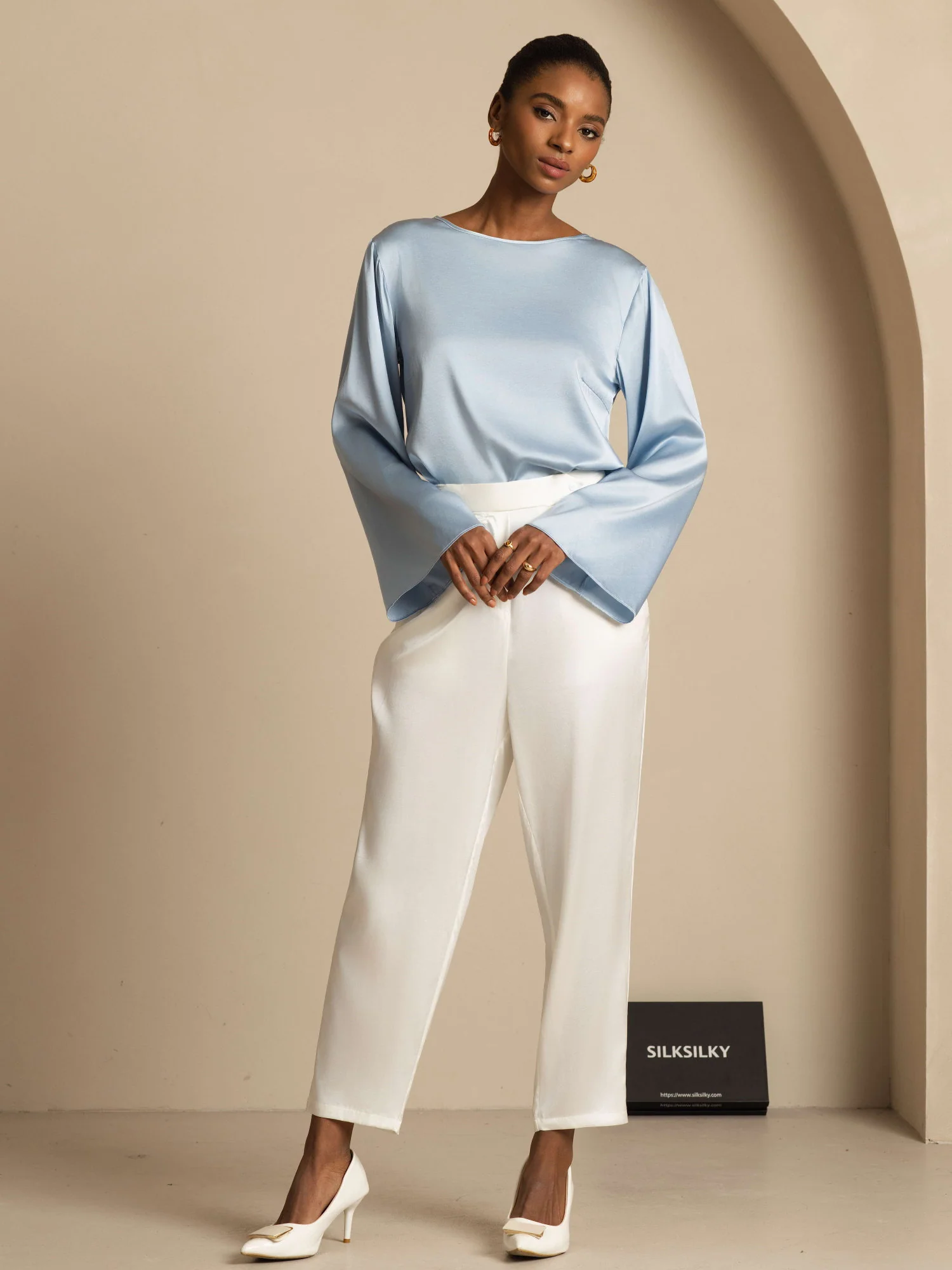 19Momme Silk Bell Sleeve Boat Neck Women's Top - Image 48