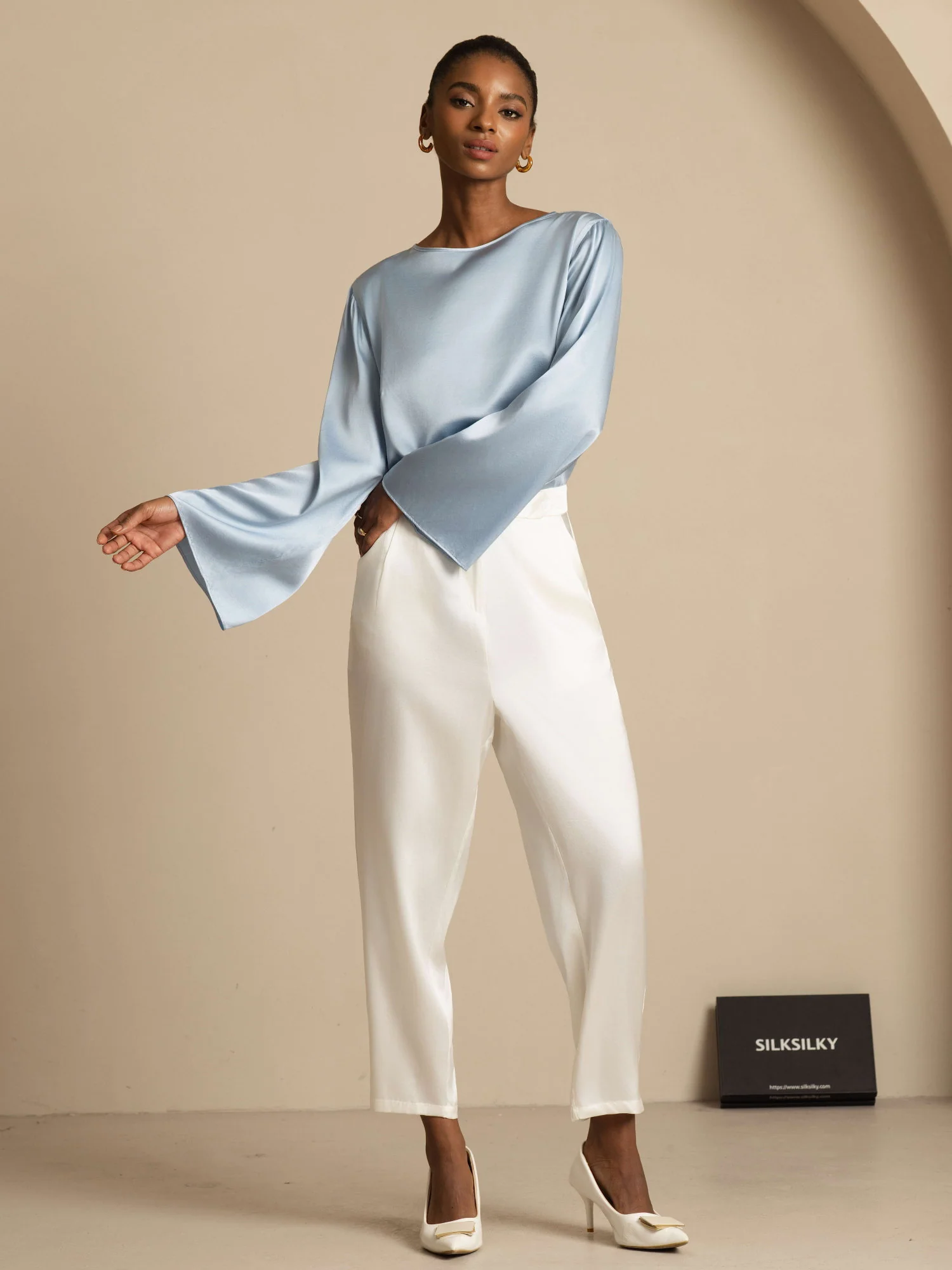 19Momme Silk Bell Sleeve Boat Neck Women's Top - Image 49