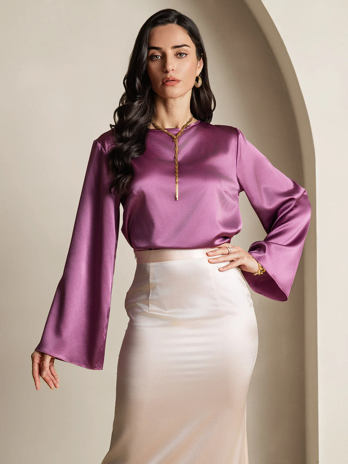 19Momme Silk Bell Sleeve Boat Neck Women's Top - Image 50