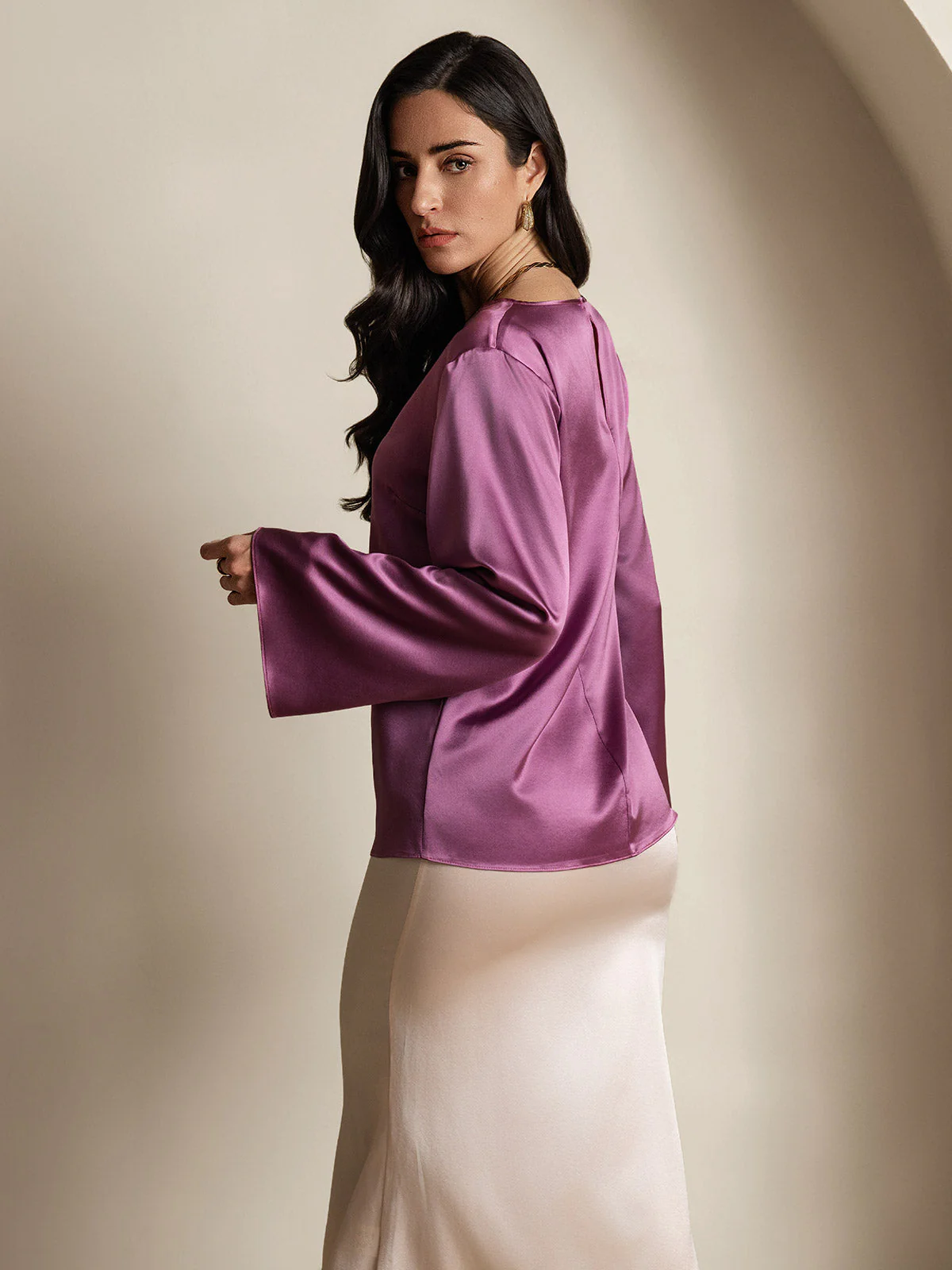 19Momme Silk Bell Sleeve Boat Neck Women's Top - Image 51