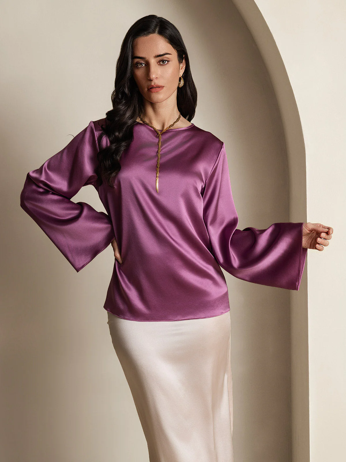 19Momme Silk Bell Sleeve Boat Neck Women's Top - Image 52