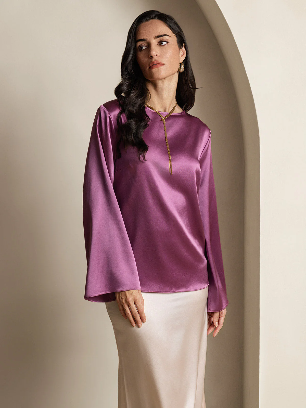 19Momme Silk Bell Sleeve Boat Neck Women's Top - Image 54