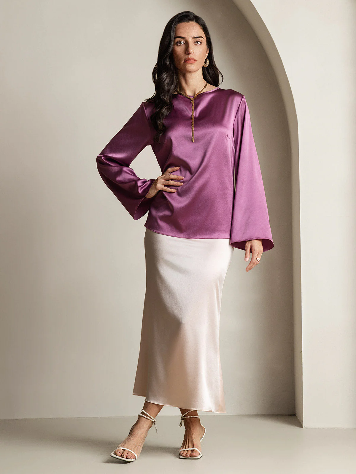 19Momme Silk Bell Sleeve Boat Neck Women's Top - Image 55