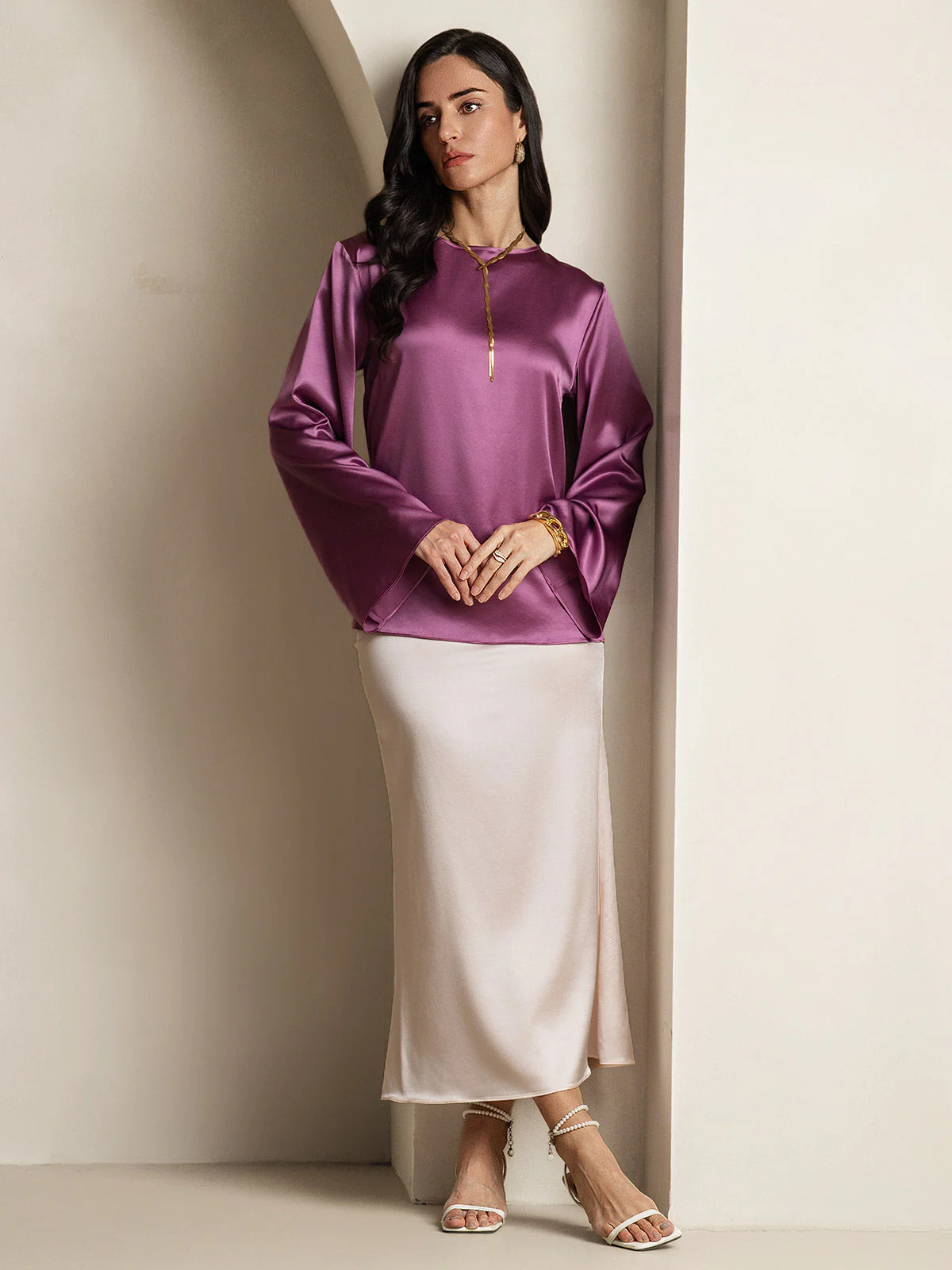 19Momme Silk Bell Sleeve Boat Neck Women's Top - Image 56