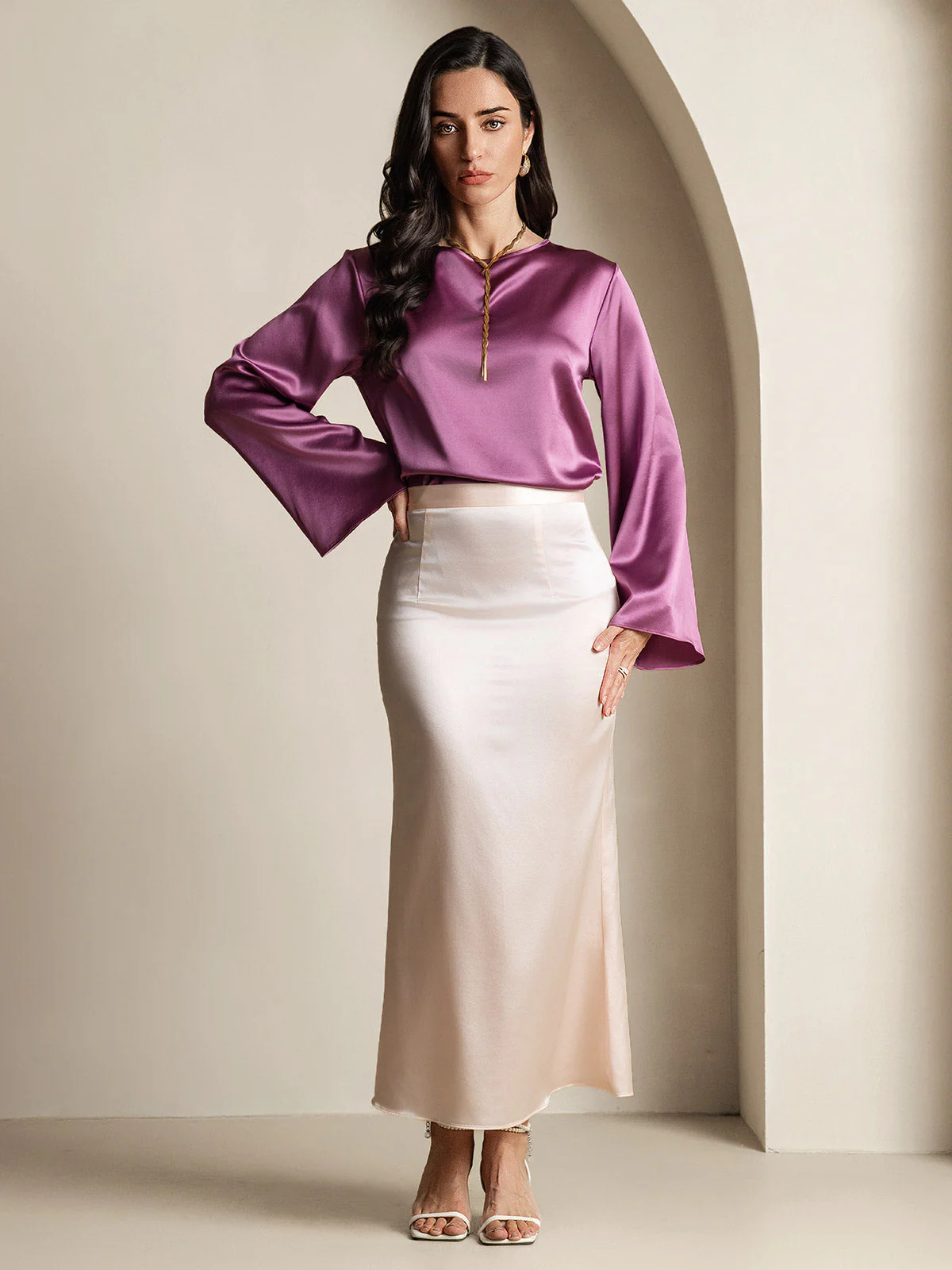 19Momme Silk Bell Sleeve Boat Neck Women's Top - Image 57