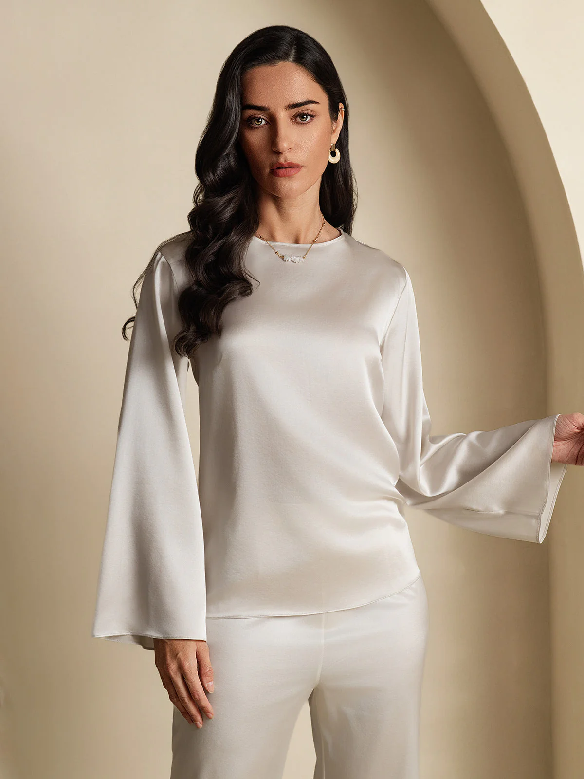 19Momme Silk Bell Sleeve Boat Neck Women's Top - Image 58