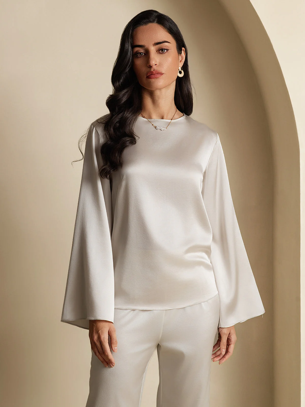 19Momme Silk Bell Sleeve Boat Neck Women's Top - Image 60