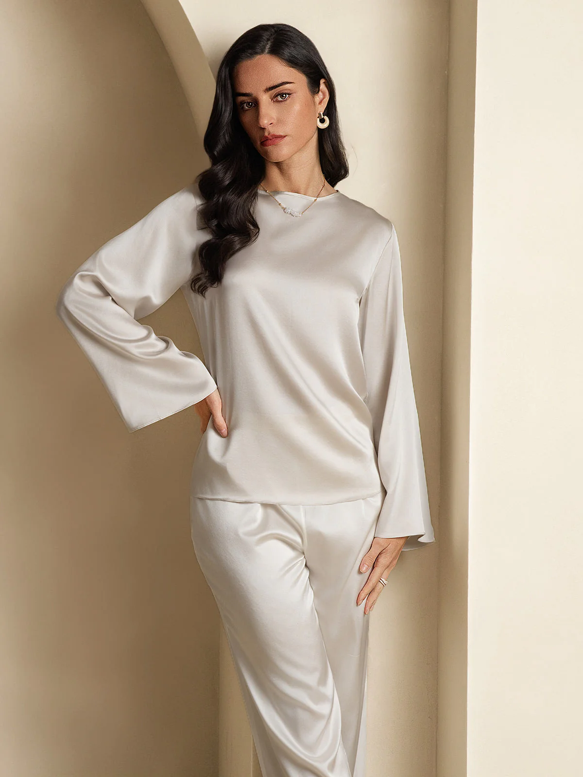 19Momme Silk Bell Sleeve Boat Neck Women's Top - Image 61