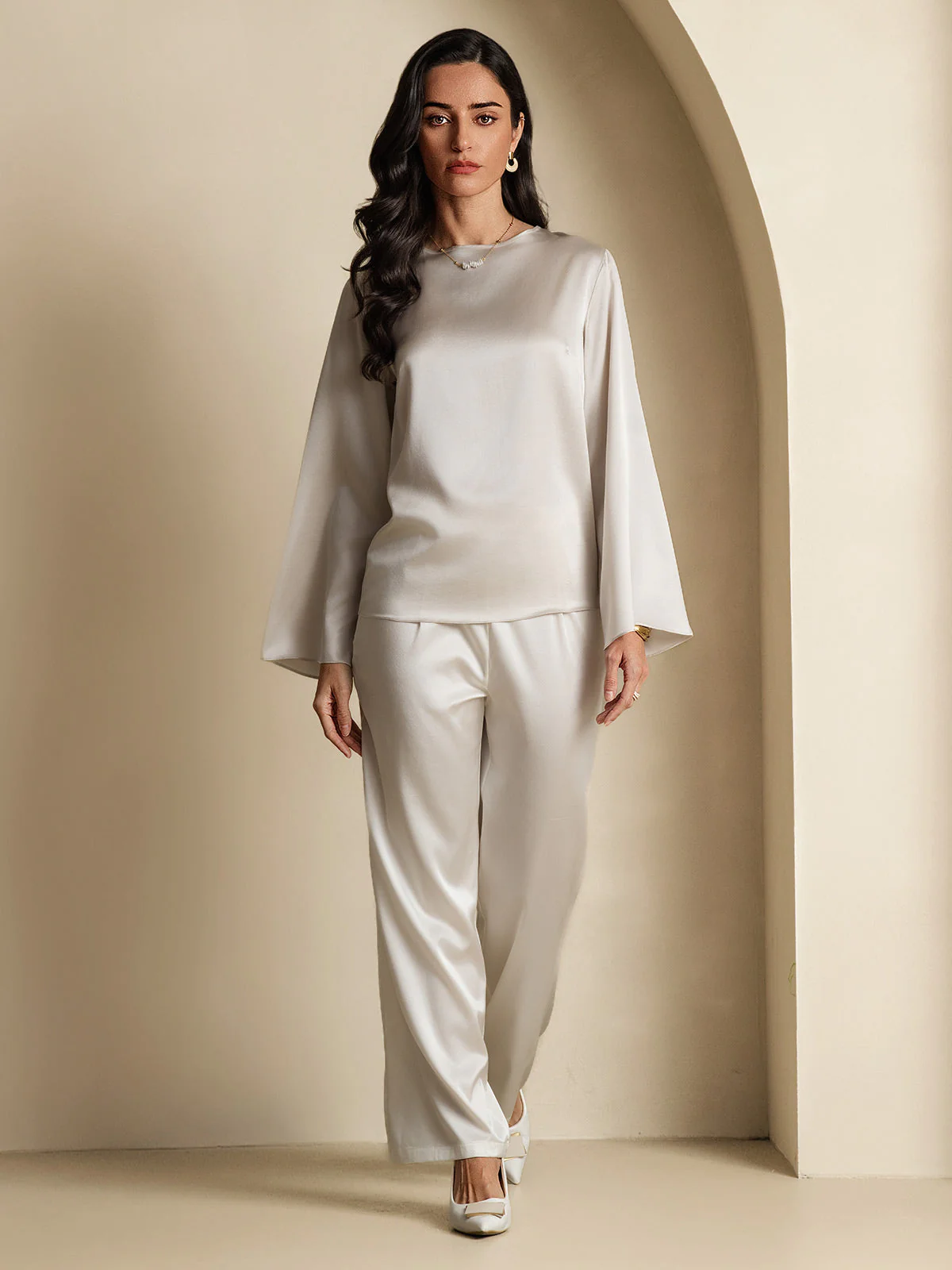 19Momme Silk Bell Sleeve Boat Neck Women's Top - Image 63
