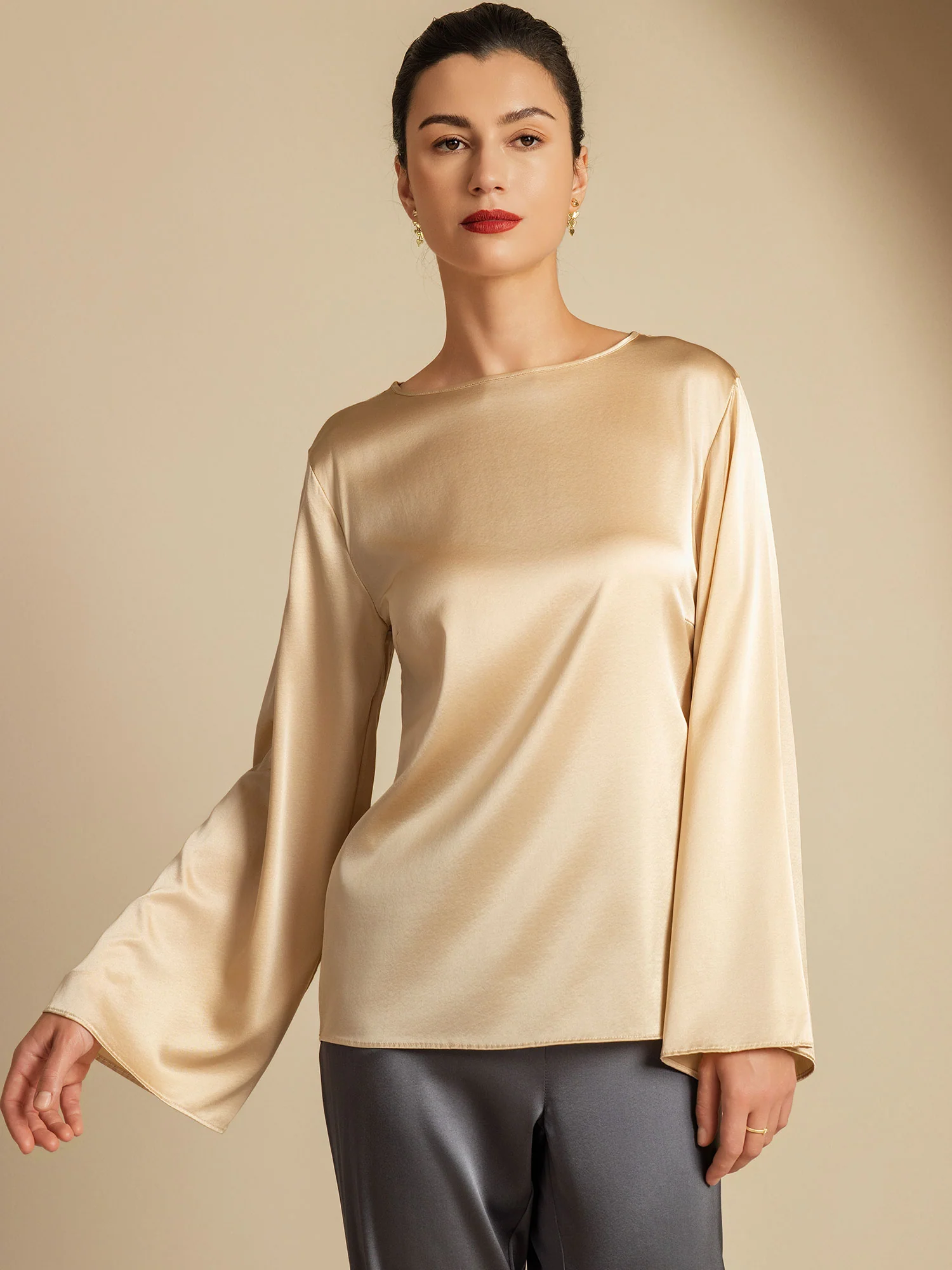 19Momme Silk Bell Sleeve Boat Neck Women's Top - Image 9