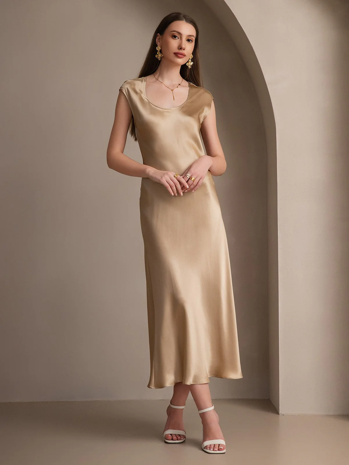 19Momme Silk Cap Sleeve Round Neck Midi Dress - Image 15