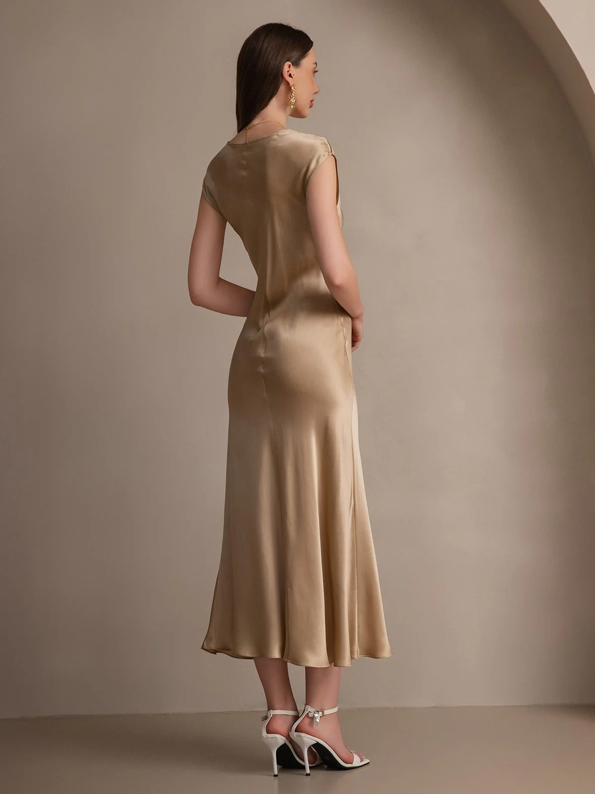 19Momme Silk Cap Sleeve Round Neck Midi Dress - Image 16