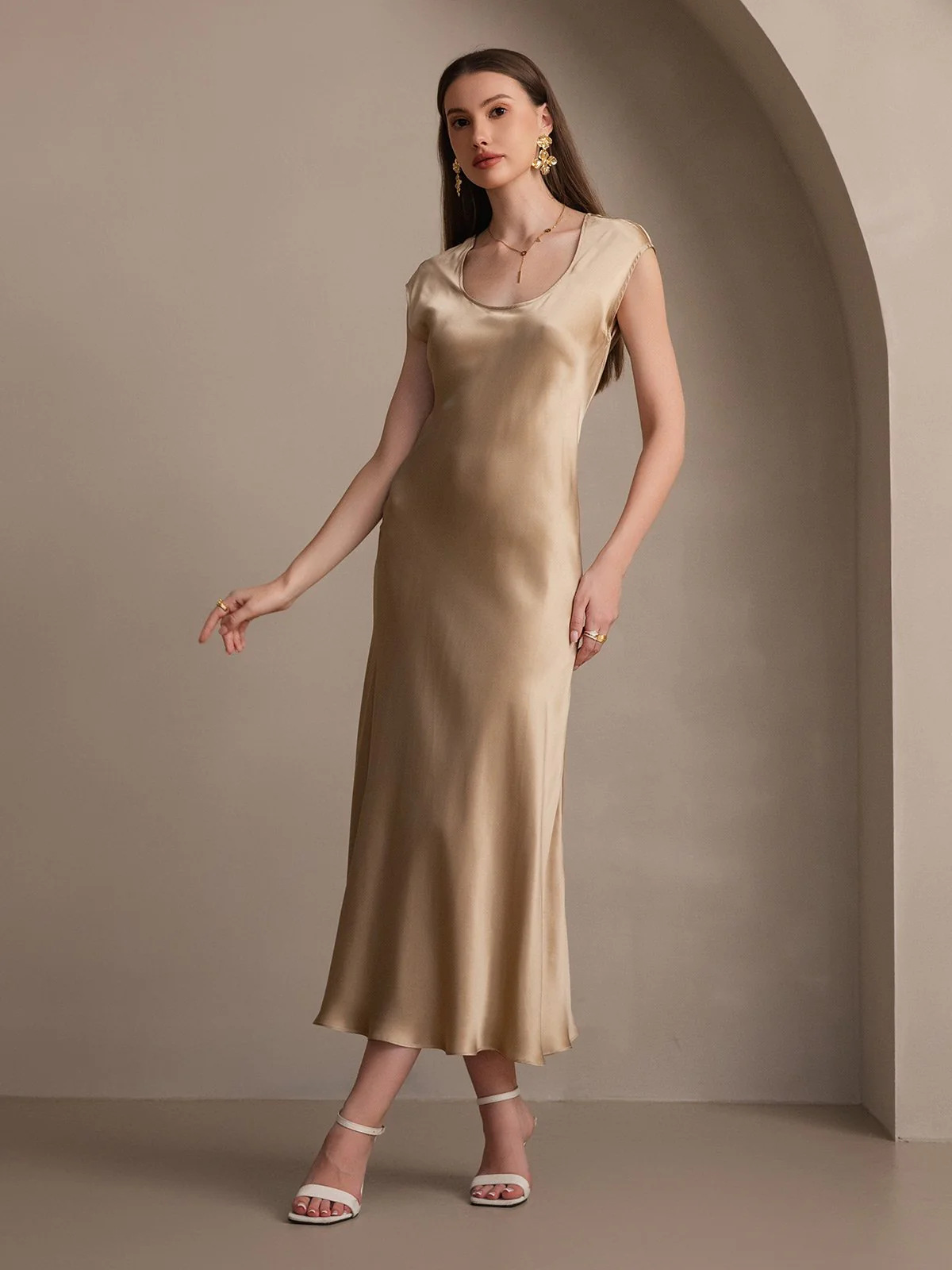 19Momme Silk Cap Sleeve Round Neck Midi Dress - Image 20