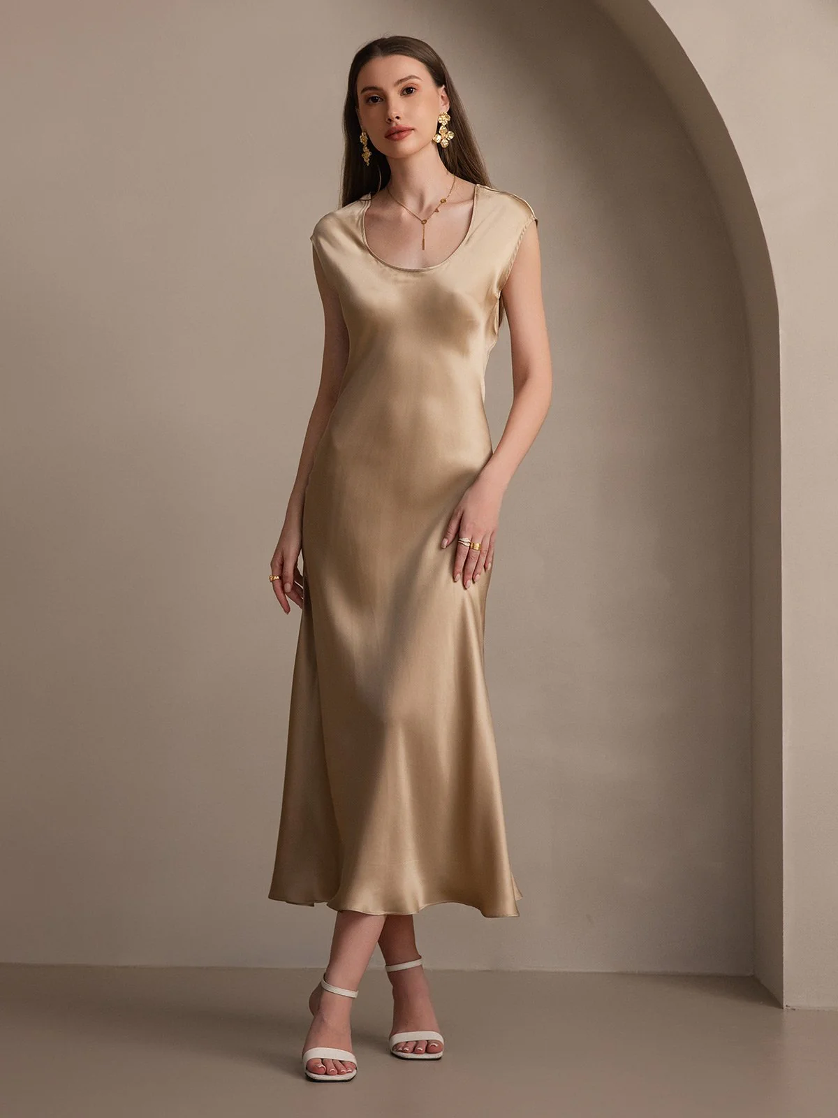 19Momme Silk Cap Sleeve Round Neck Midi Dress - Image 21