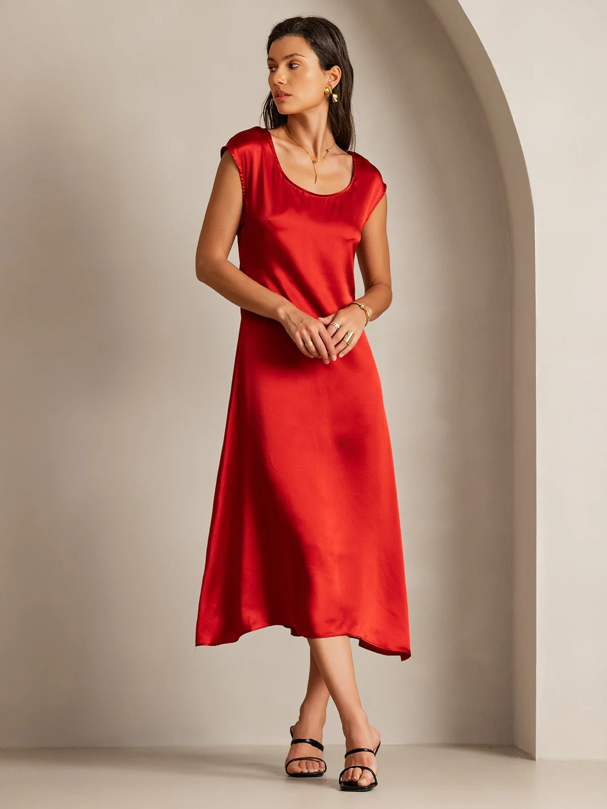19Momme Silk Cap Sleeve Round Neck Midi Dress - Image 28