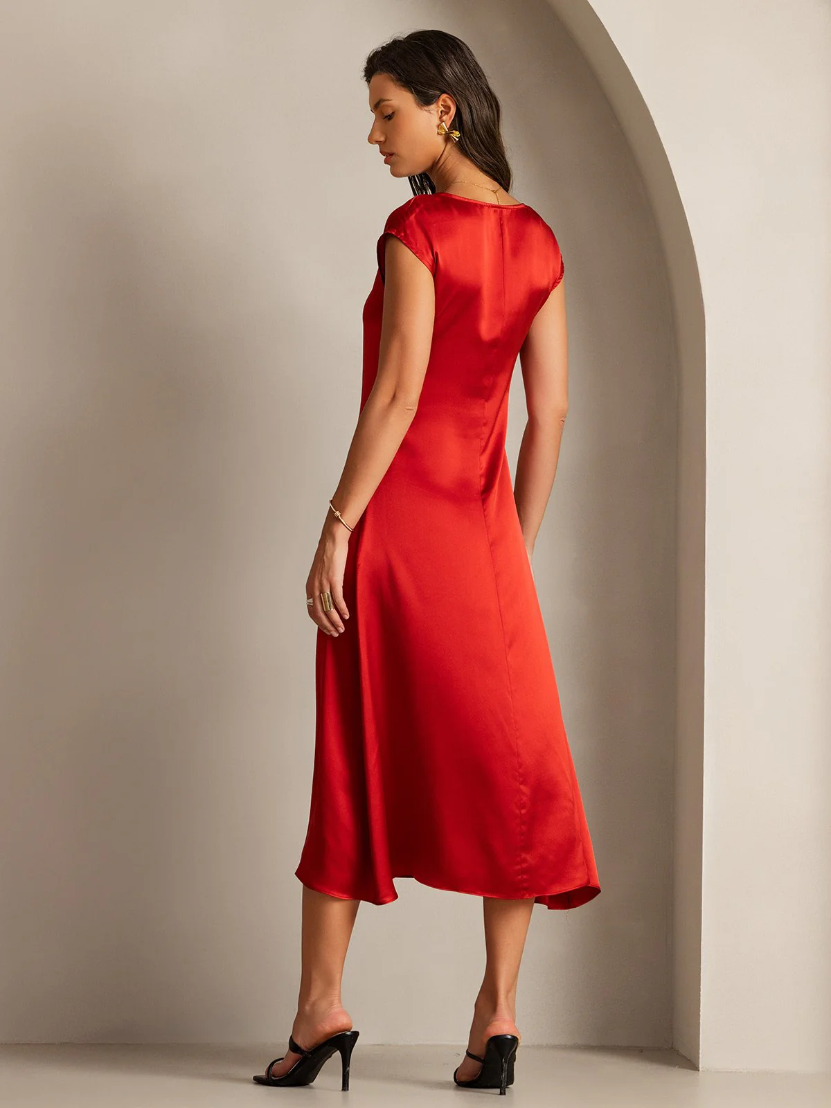 19Momme Silk Cap Sleeve Round Neck Midi Dress - Image 29