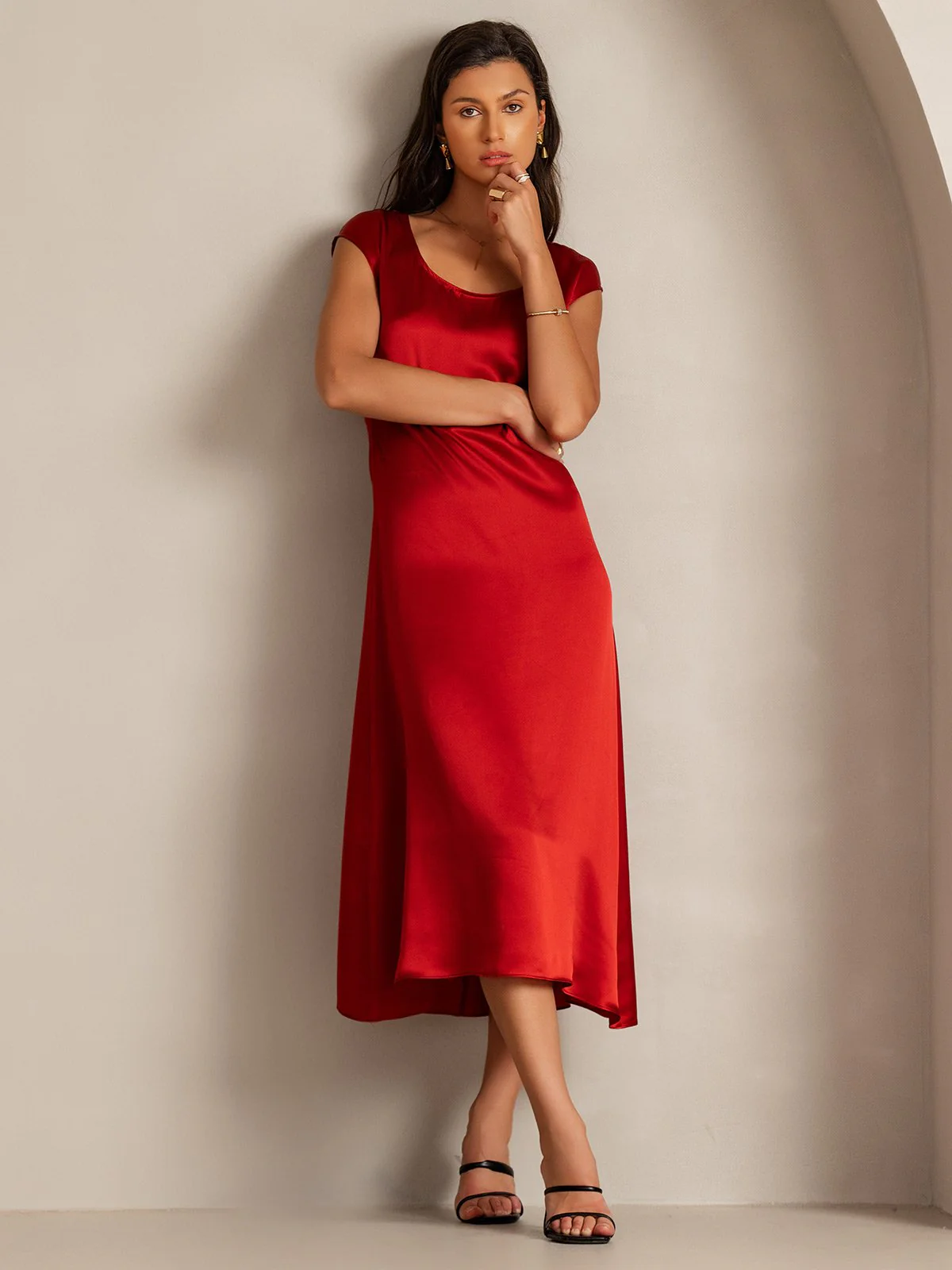 19Momme Silk Cap Sleeve Round Neck Midi Dress - Image 30