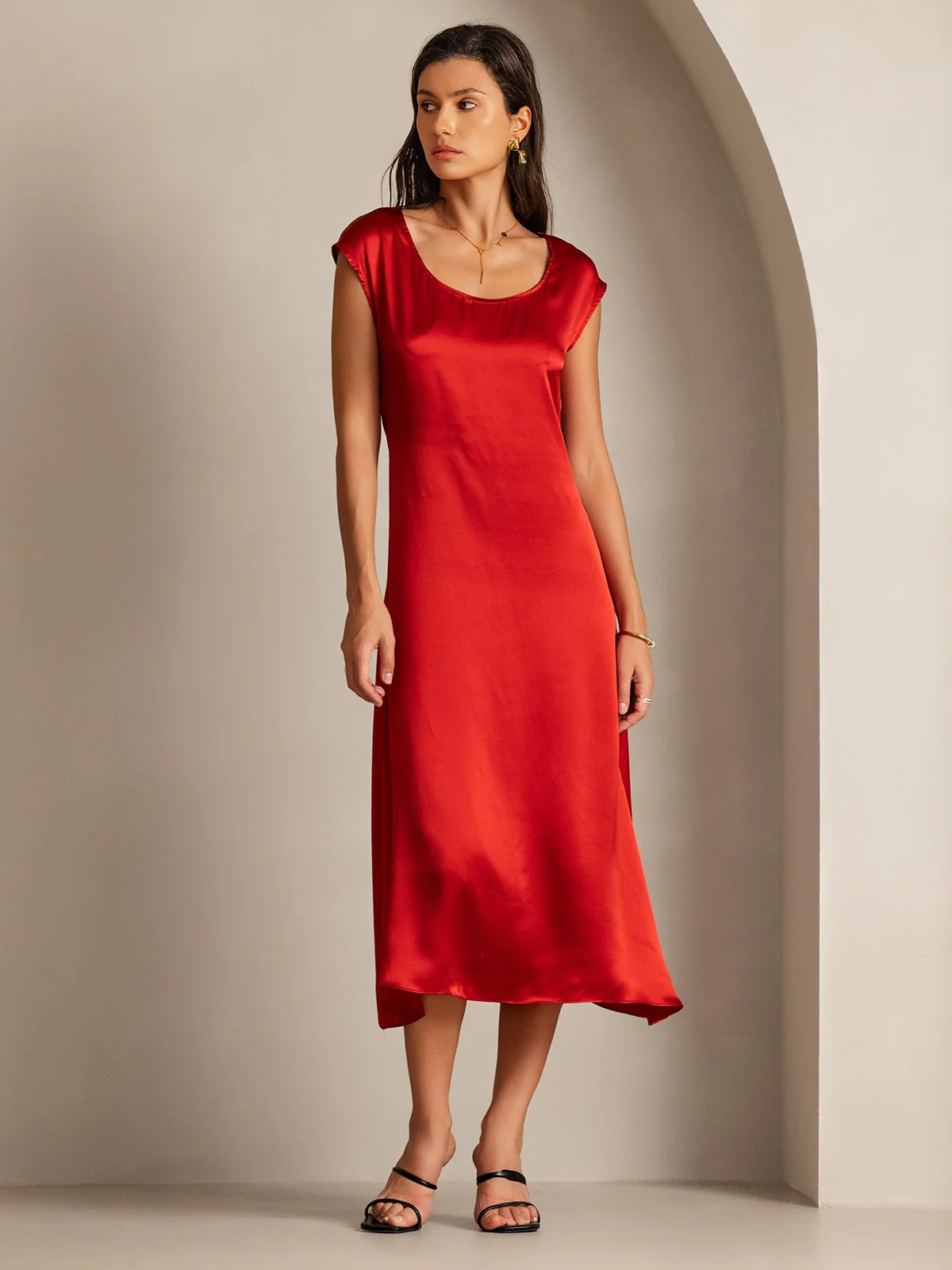 19Momme Silk Cap Sleeve Round Neck Midi Dress - Image 32